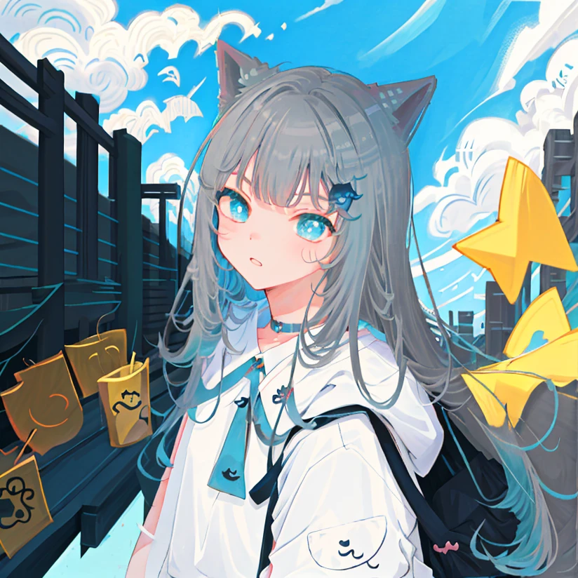 Anime manga girl，Long gray hair，eBlue eyes，wearing blue shirt, Meow three, cute anime catgirl, anime cat girl, beautiful anime catgirl, Anime cute art style, style of anime, style of anime, anime cat, (Anime manga girl), cute anime style, Cat ears anime girl, nekomimi, Cute Anime Girls