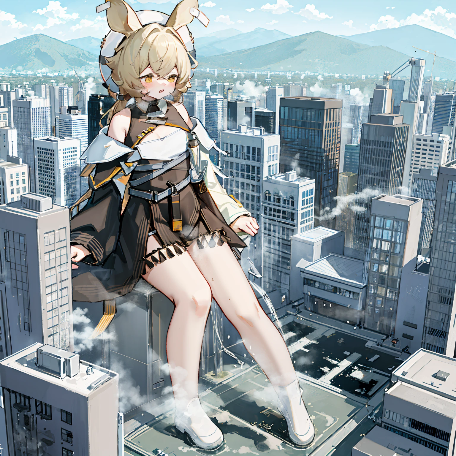 NSFW，​​{A giantess}，{1girll}，{are standing}，{urine discharge}​​，​​clouds， looking over city， mountain ranges， tmasterpiece, Best quality at best, The content is very detailed,tmasterpiece,Best quality at best,offcial art,extremely detaild的 CG unified 8k wallpapers，{{{A giantess}}}，Huge girl，1 girl，modern miniature city，pissing，Pee everywhere，no shoe，{blackstockings}，The face is red，comfortable expressions，pissing，urine，produce urine，Urine eruption，Urine gives off steam，{Pee while standing on a modern miniature city}，The city is full of urine