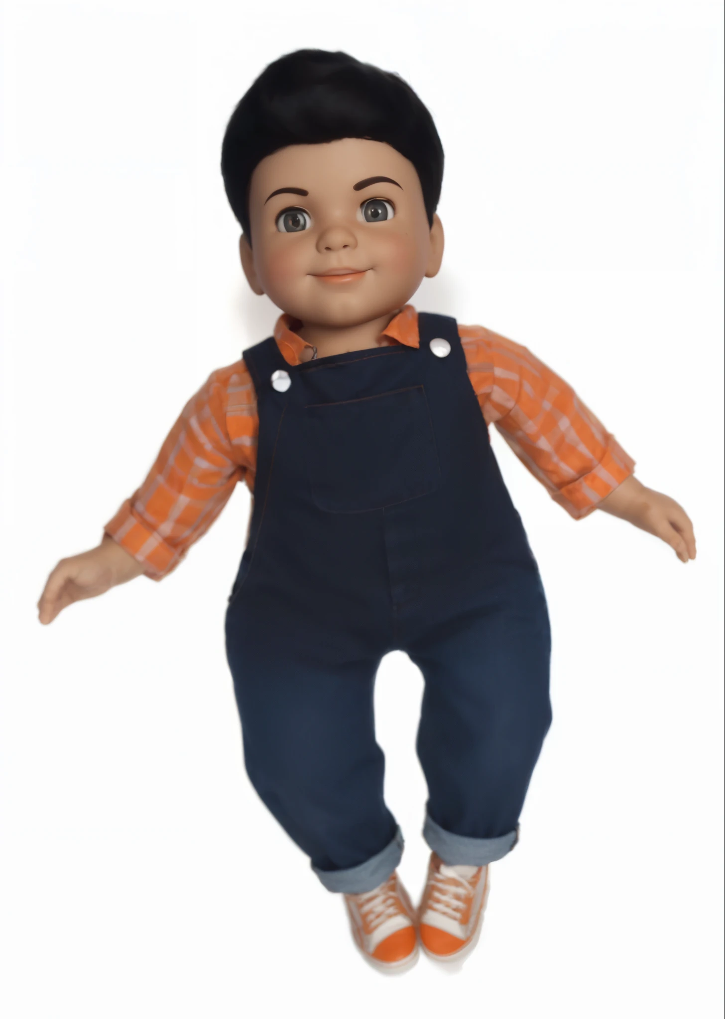 Big Boy doll, from hambirgeria in the Good guys style, with medium black straight hair, the iconic doll, create a ventriluquo doll inspired by the Big Boy doll with a subtle smile on his face, a light background with a white and orange sleeved shirt, with denim overalls. With orange shoes, creating an atmosphere of horror, a 3D model with high-resolution textures and realistic lighting, --AR 16:9 --v 5 -