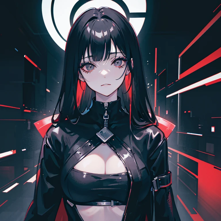 female with long black hair, Straight bangs, Cyberpunk, monochromes, Manga