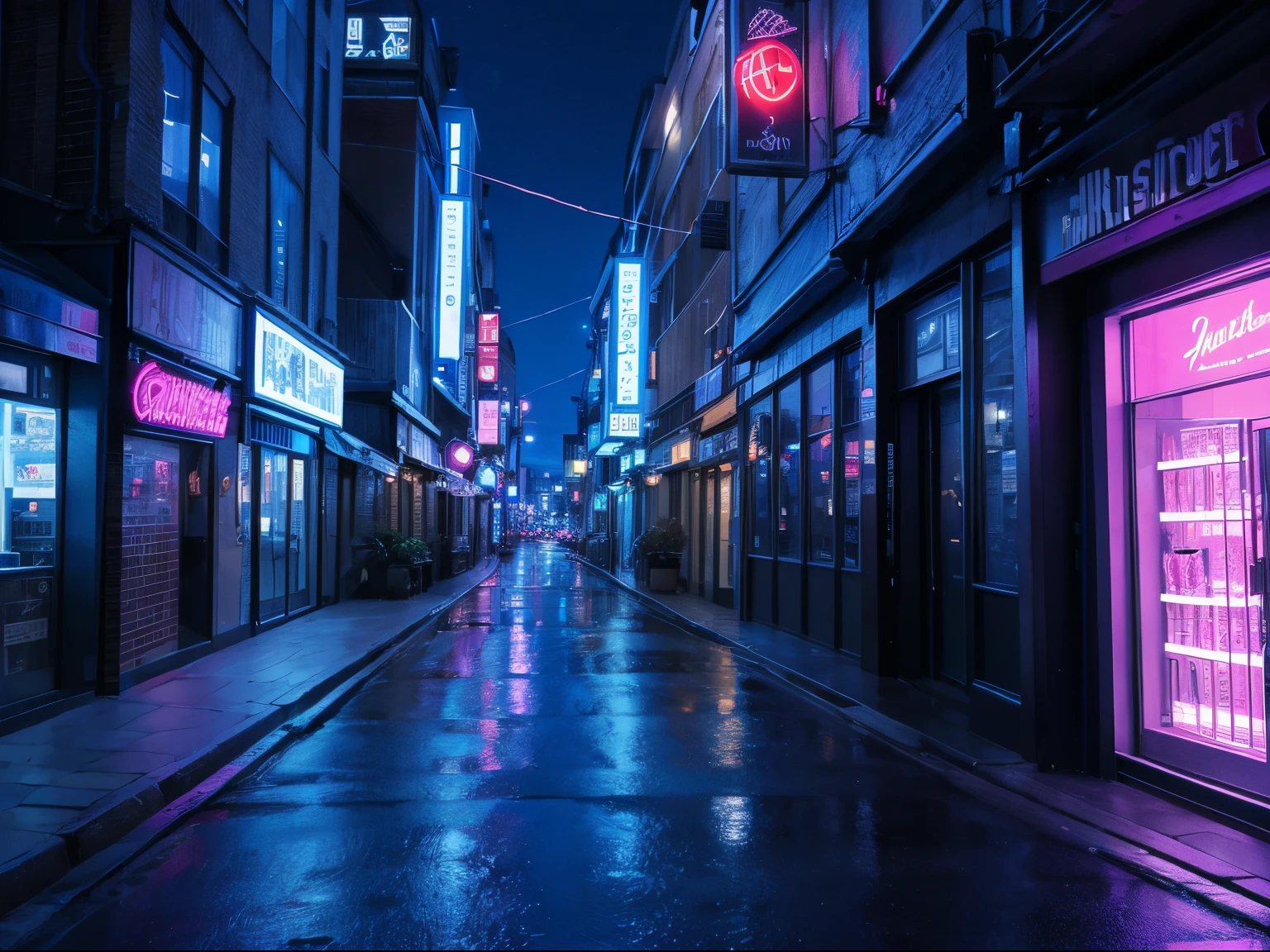 masuter piece　Best Quality　Downtown at night　Blue theme　neons　Near future　cyberpunked　Narrow road　shopping street　purple theme