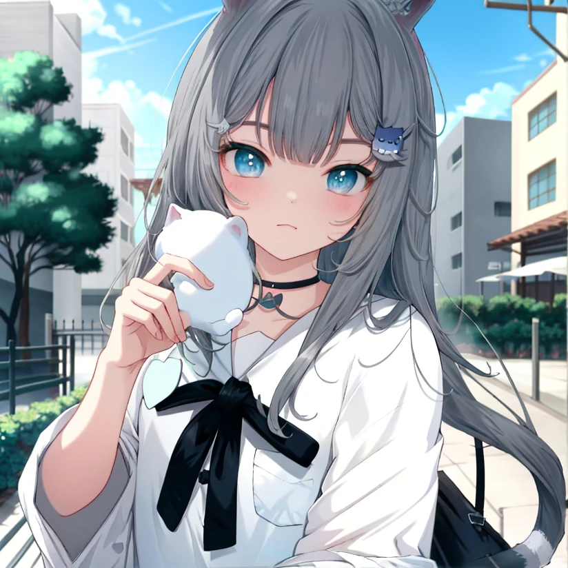 Anime manga girl，Long gray hair，eBlue eyes，wearing blue shirt, Meow three, cute anime catgirl, anime cat girl, beautiful anime catgirl, Anime cute art style, style of anime, style of anime, anime cat, (Anime manga girl), cute anime style, Cat ears anime girl, nekomimi, Cute Anime Girls