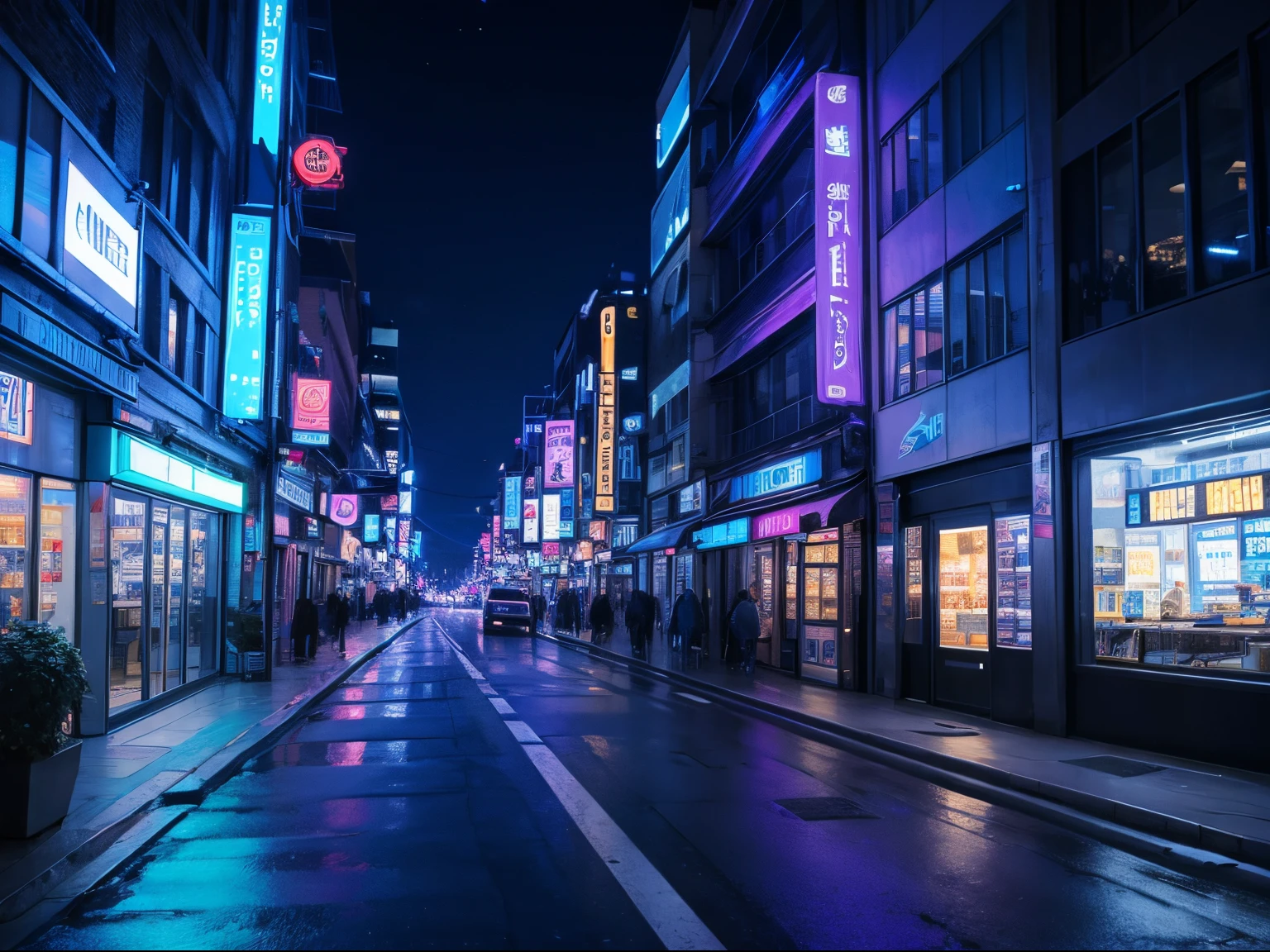 masuter piece Best Quality Downtown at night Blue theme neons Near future cyberpunked Narrow road shopping street purple theme