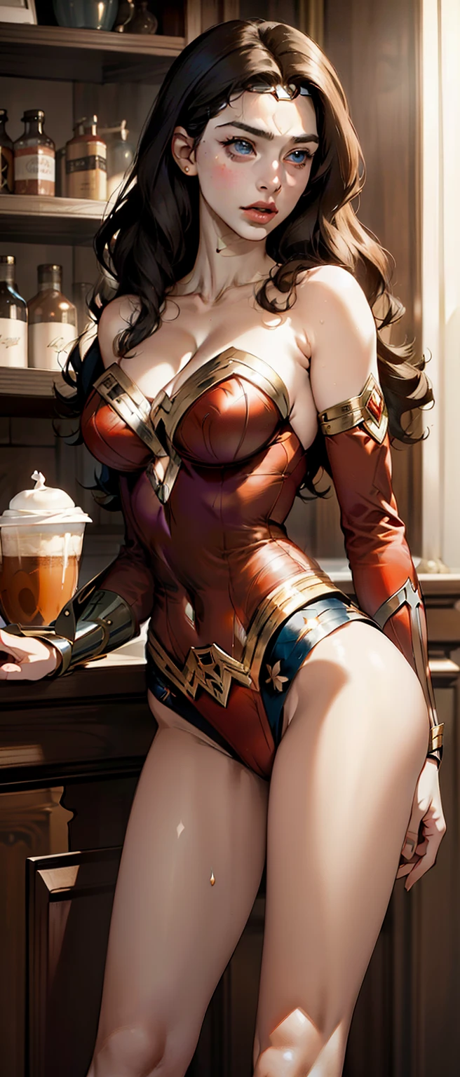 nijistyle, portrait of Wonder Woman with massive breasts (masterpiece, top-quality, 8K) the sultry allure of The 22-year-old superheroine Wonder Woman wearing her tight revealing costume and tiara, with long Black hair and piercing blue eyes. She stands confidently in a busy coffee shop and is scantly clad in her revealing Wonder Woman costume, with high-cut bottoms revealing her bare hips. Customers in the background stare at her seductive long-toned legs huge bust and a lot of cleavage, she holds a steaming cup of coffee, and Completing her ensemble she wears long-fitted high-heeled boots. In finely detailed UHD quality, the image radiates raw sexy sensuality and glamour.