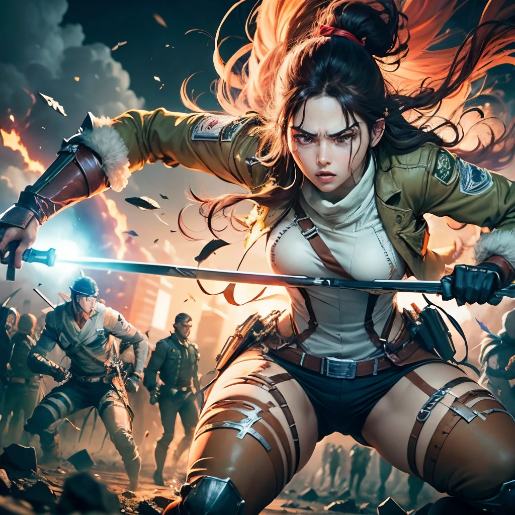 "Immortalize an epic anime-style scene, inspired by the Shingeki no Kyojin trait, with engaging characters in action. O fundo deve retratar uma batalha intensa, with random characters demonstrating courage when facing deadly titans. Highlight the tension and grandeur of the fight for survival." --auto --s2