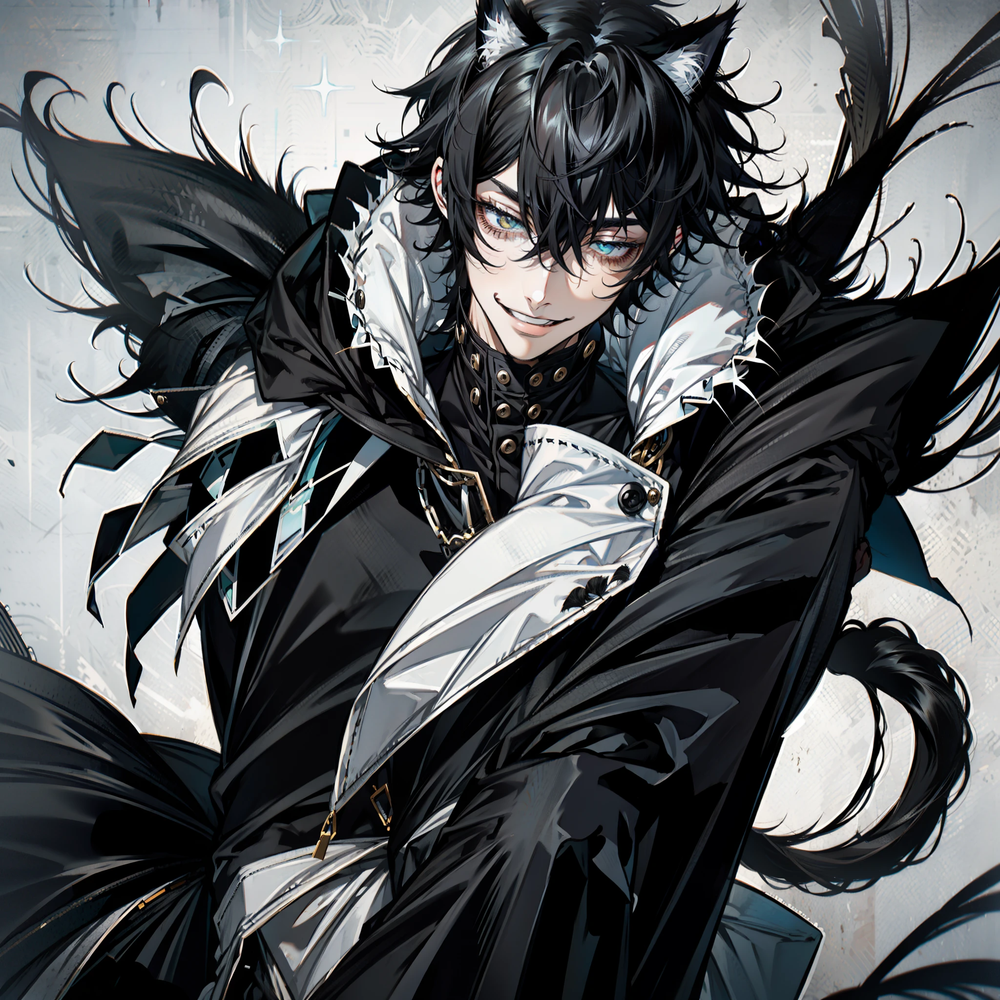 ultra-detailliert, Best Quality, finely detail, Anime Boy, 1 boy, Man's, Black hair, Medium Hair, Messy pointed hair, Black fur jacket, Black clothes, Cat ears, Animal ears, Black cat tail, Black shorts, Smiling, Anime Hair, voluminous and untidy hair, Man's, the hood around the neck is very large,