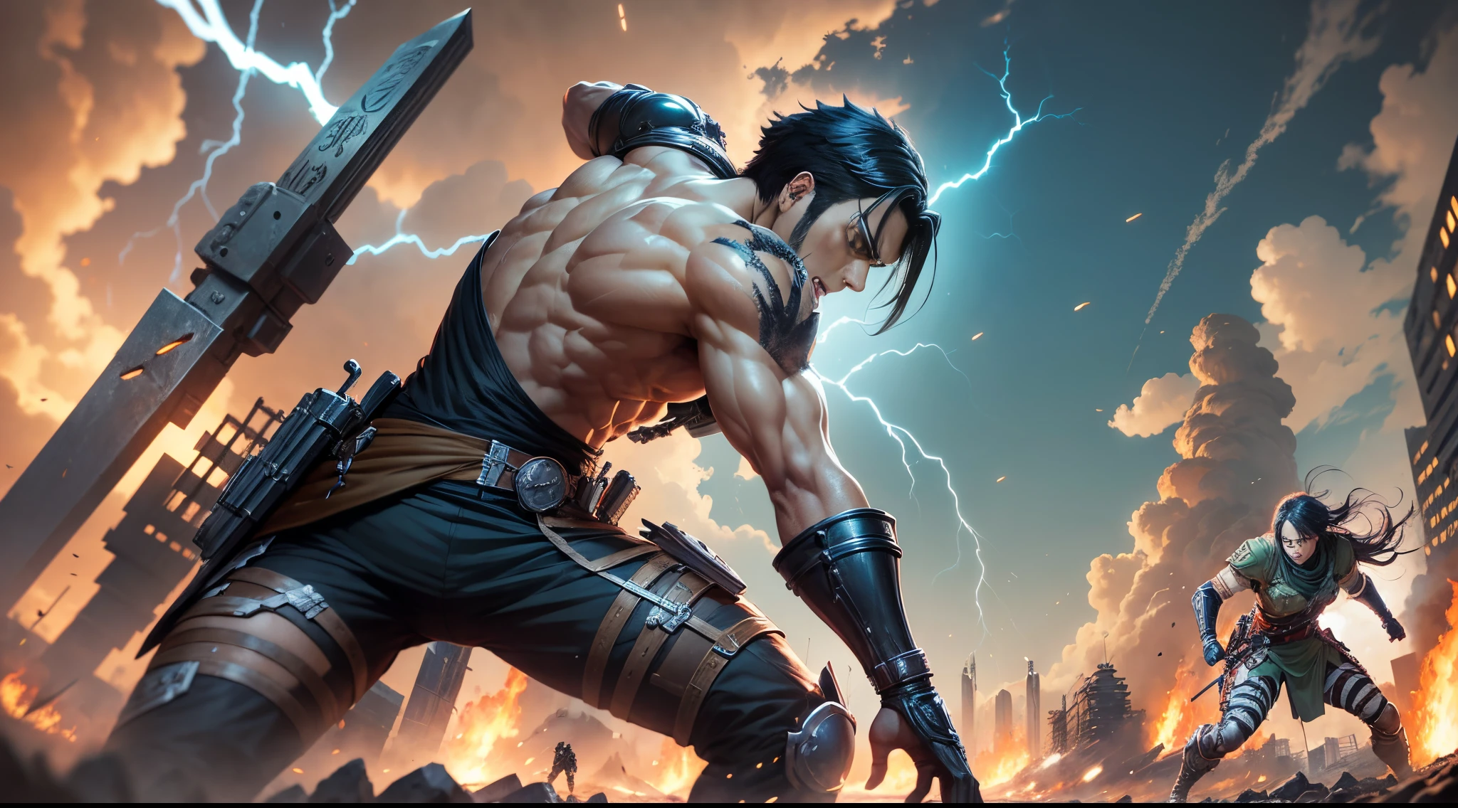 "Immortalize an epic anime-style scene, inspired by the Shingeki no Kyojin trait, with engaging characters in action. O fundo deve retratar uma batalha intensa, with random characters demonstrating courage when facing deadly titans. Highlight the tension and grandeur of the fight for survival." --auto --s2