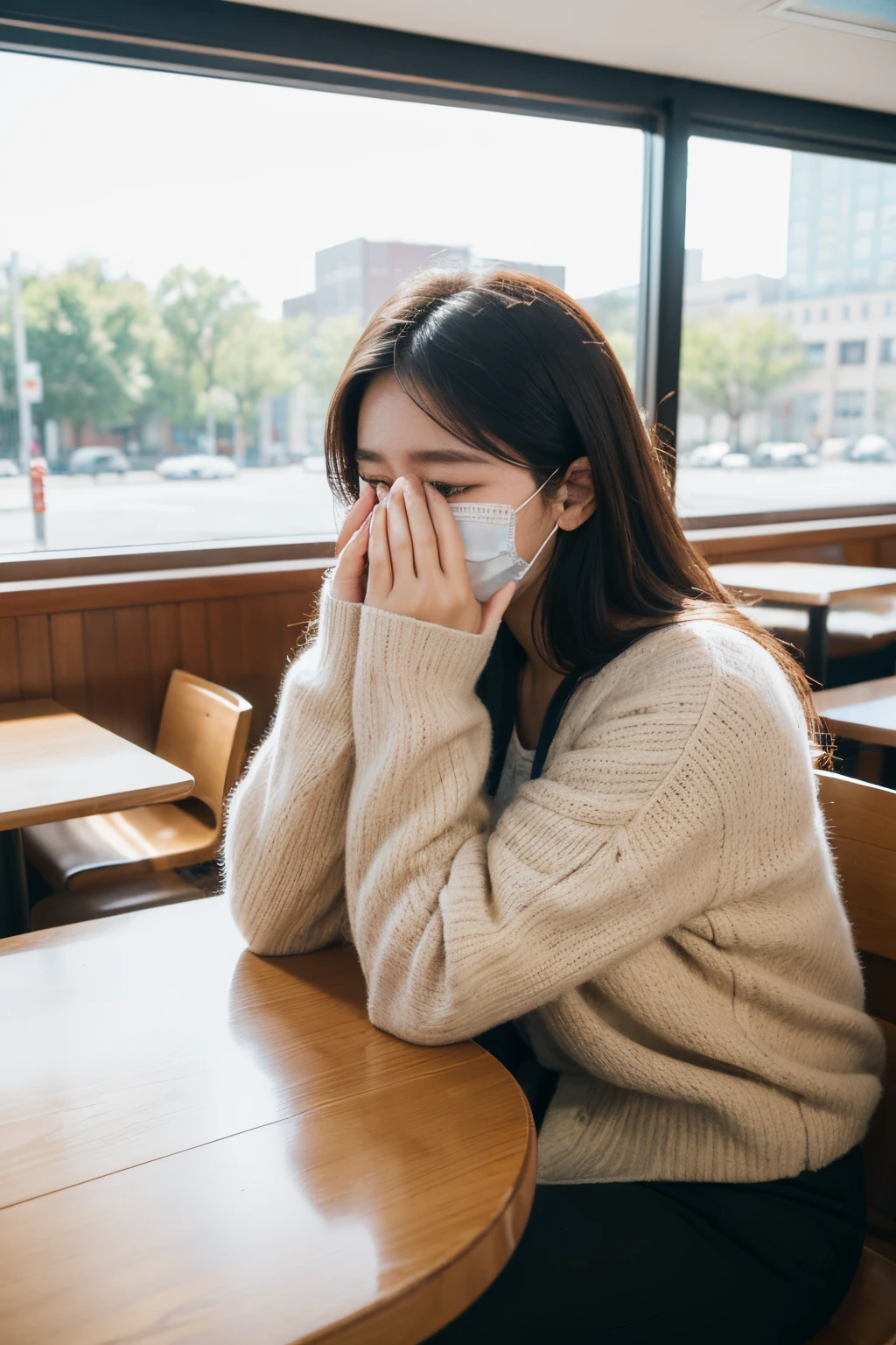 Photography style of beautiful college student covering her face and crying in cafe