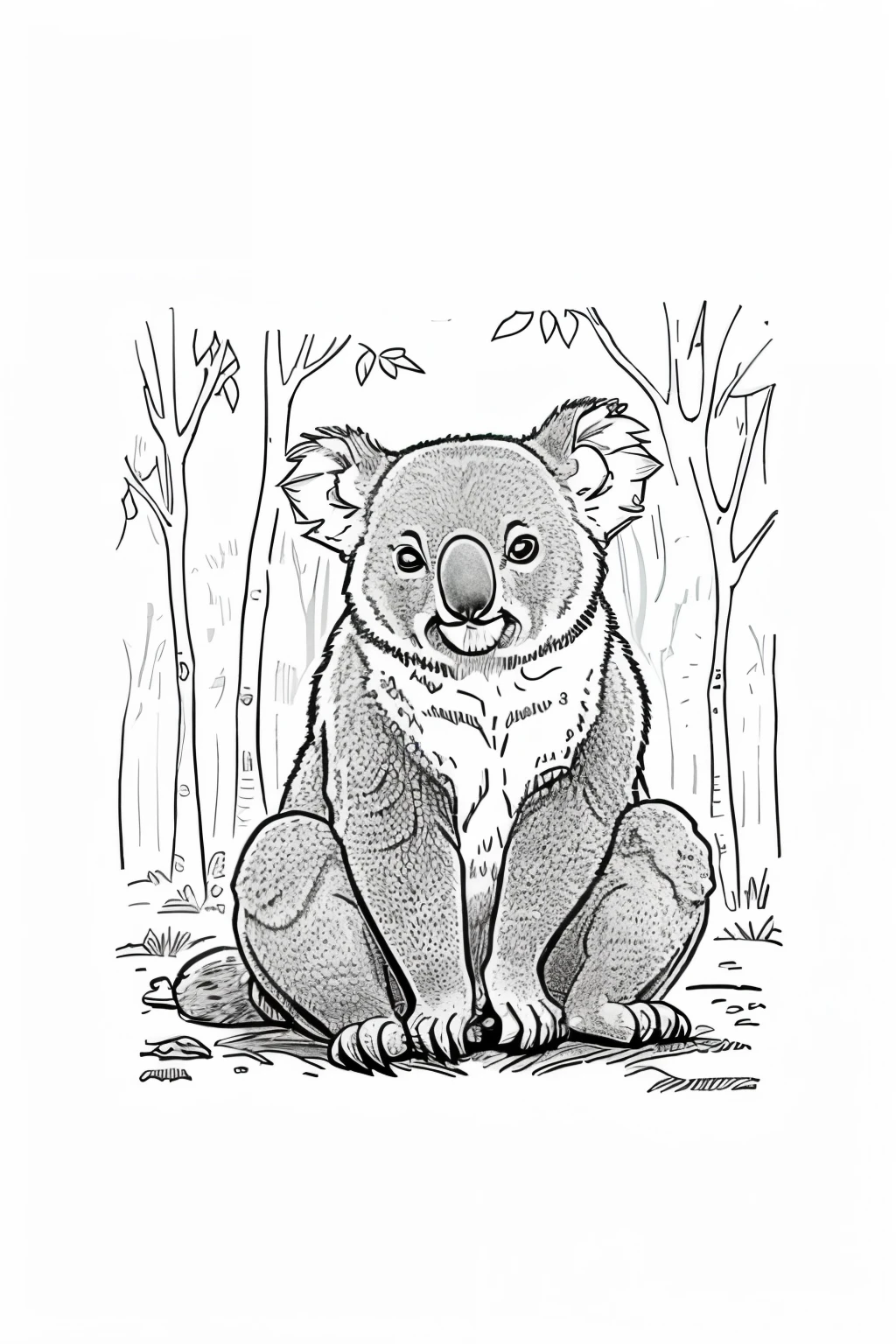 stress free coloring book of A koala in the forest, cartoon style, thick lines, no color, completely white background, detailed features, high quality image