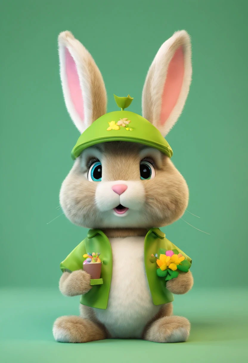 (Bunny cutie), (best quality,4k,8k,highres,masterpiece:1.2), ultra-detailed, realistic:1.37,
big-eyed cute bunny, adorable bunny, fluffy white fur, dressed in green gym clothes, holding a box in hands, wearing a cap, easter