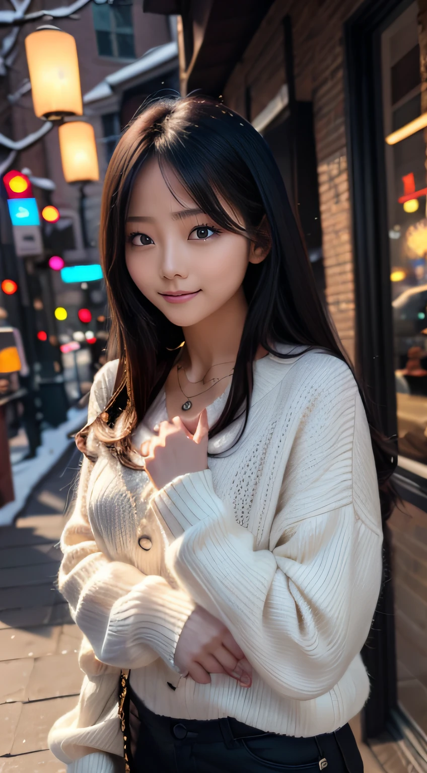 4K, Winter scene, Beautuful Women, length hair, Black hair, Medium chest, Black eyes, White sweater, pleatedskirt, neon heart necklace, Look at viewers, natta、bangss、s lips、without makeup、short eyelashes、watching at viewers、A smile、Photorealsitic、high-level image quality、masutepiece, Best Quality, 8K, Beautie、Fine details