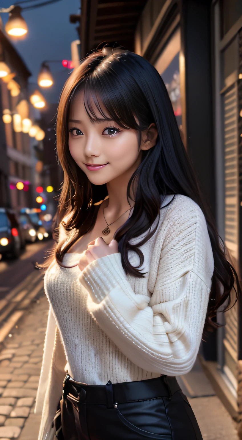 4K, Winter scene, Beautuful Women, length hair, Black hair, Medium chest, Black eyes, White sweater, pleatedskirt, neon heart necklace, Look at viewers, natta、bangss、s lips、without makeup、short eyelashes、watching at viewers、A smile、Photorealsitic、high-level image quality、masutepiece, Best Quality, 8K, Beautie、Fine details