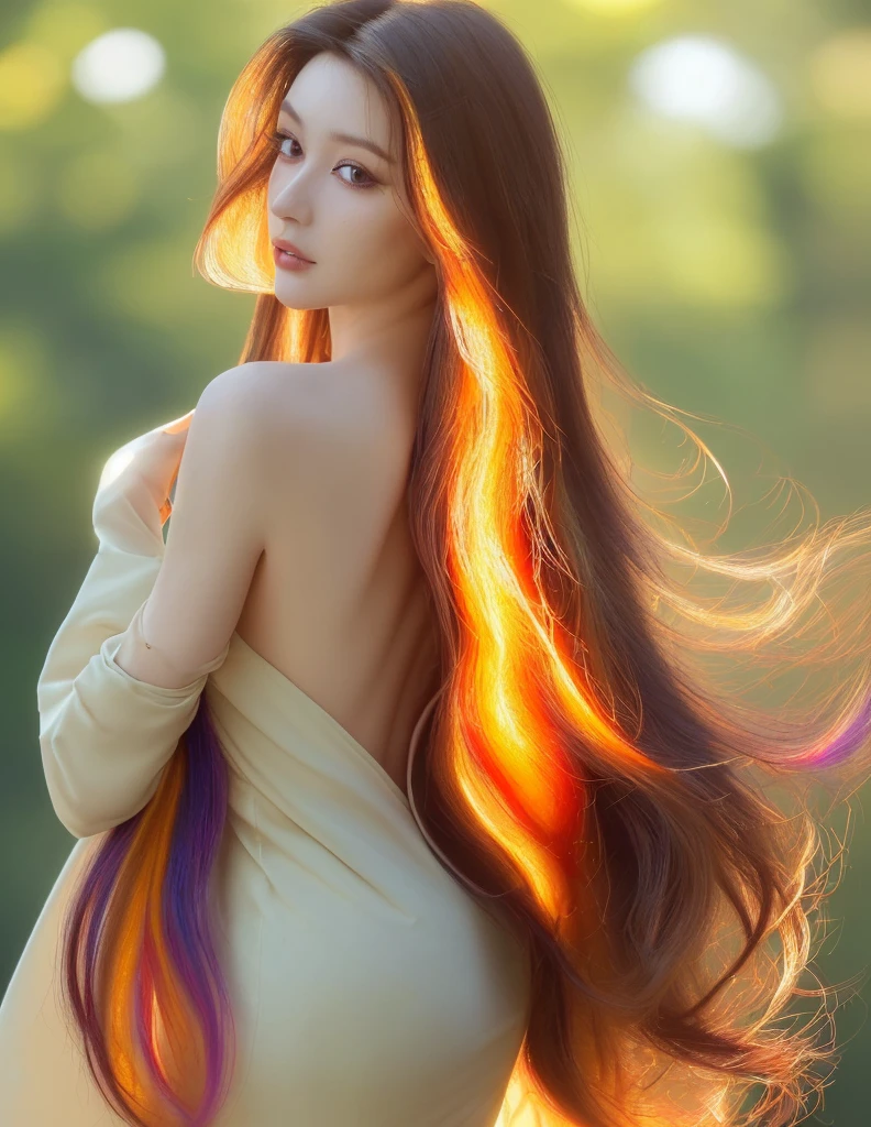 "(Best quality at best, A high resolution, ultra - detailed,Focus on the back,Lateral face,Broken,Attention to hair details,back shadow,Don't be aggressive), A woman with long flowing hair, Detailed portrait, Vibrant colors, gentlesoftlighting, oil painted, exquisite facial features, Peaceful atmosphere, bokeh, EtherealBeauty"