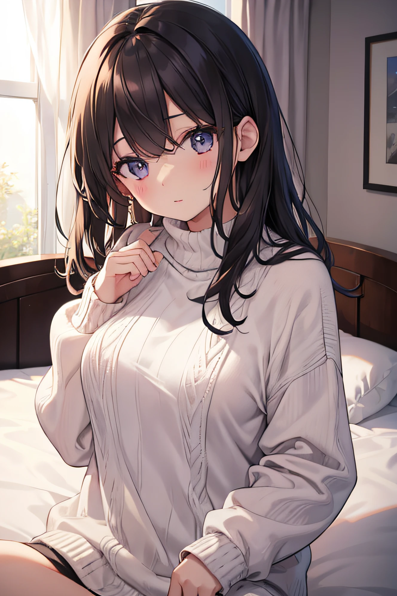 beautiful Girl knit natta A dark-haired a bed