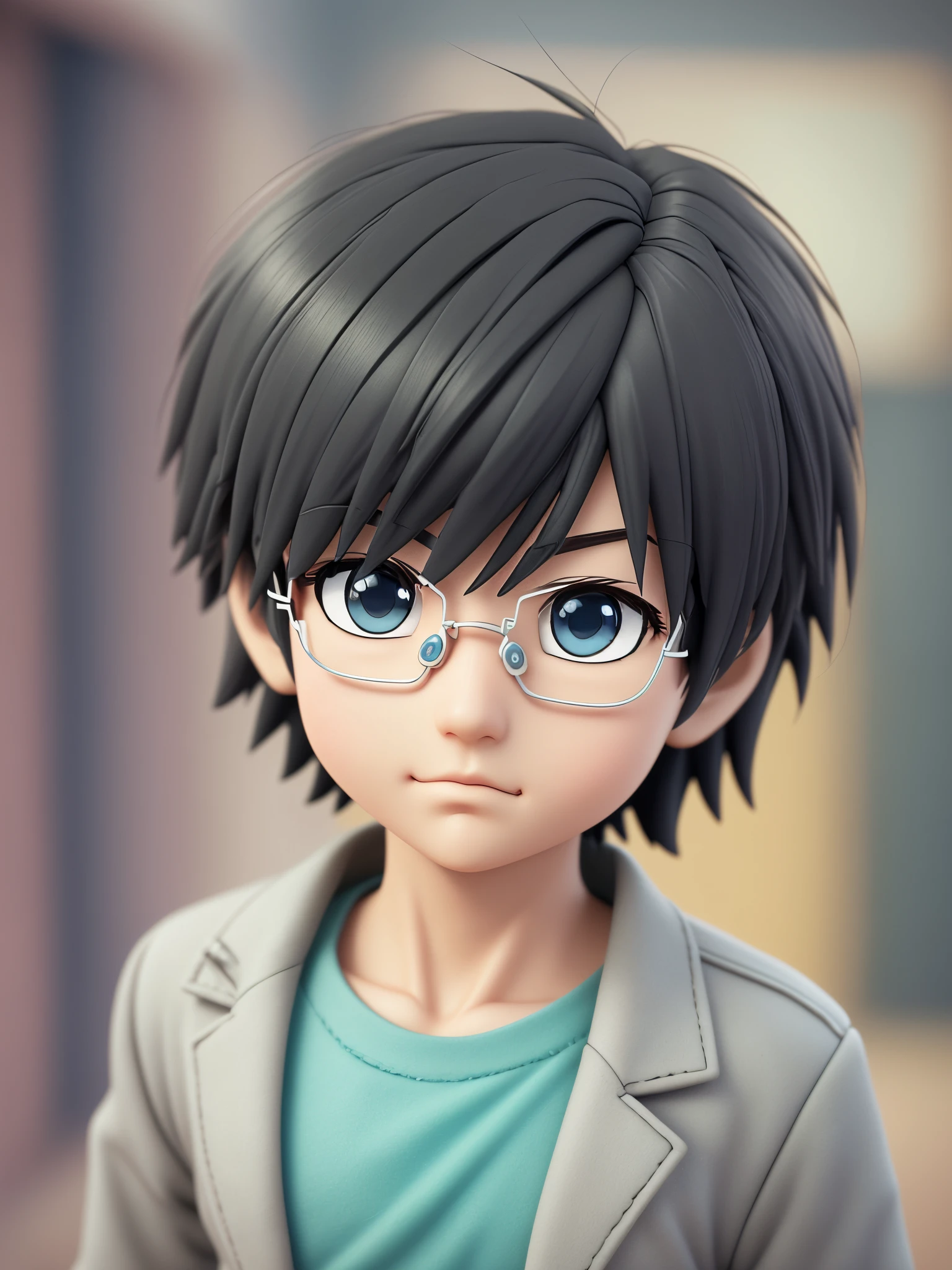 Detective Conan's imagesuper cute boy, Straight hair,  lonparted bangs,pastel color, mockup, fine luster, clean background, 3D render::, Soft focus, oc, blender, IP, blind box toy style, Pixar, close-up, high quality, high details, 16k --auto --s2