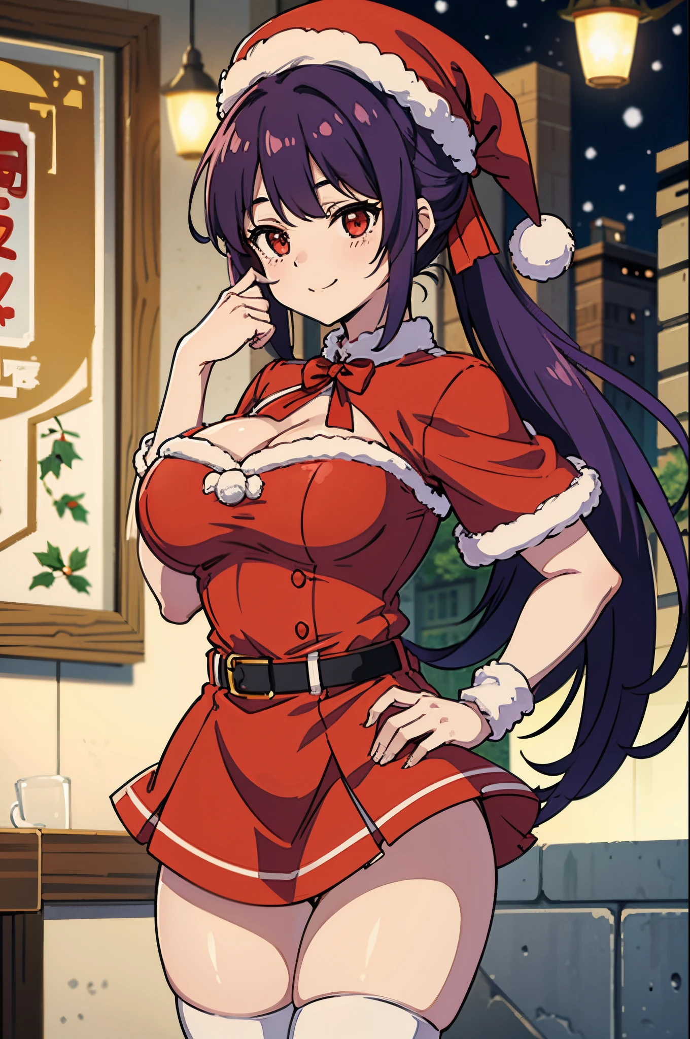 ８K、Best Quality、white Christmas、独奏、a beauty girl、delicated face、a smile、Long pigtails、Purple hair、red eyes、Colossal tits:1.8、big butts:5.5、big breasts thin waist、Beautiful constriction、shinny skin、beauty legs、santa clothes、white knee-socks、Santa's Hat、red and white skirt、Red High Heels、