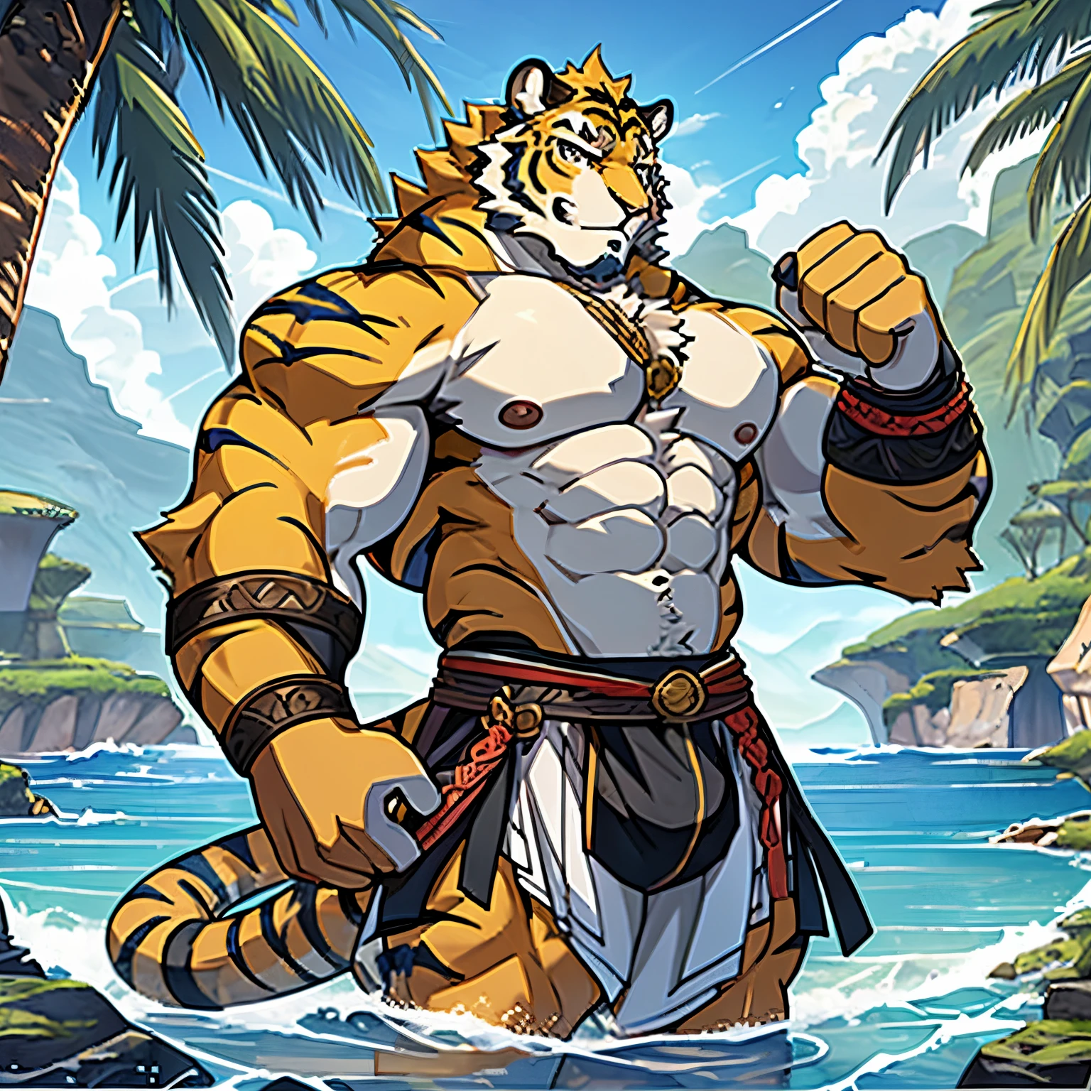 Obra maestra, Arte Oficial,Beautiful scenery,Anthro,adulto,Tigre de bengala,cuerpo,cara, Muscle,peludo,masculino,anime,Mirando al espectador
