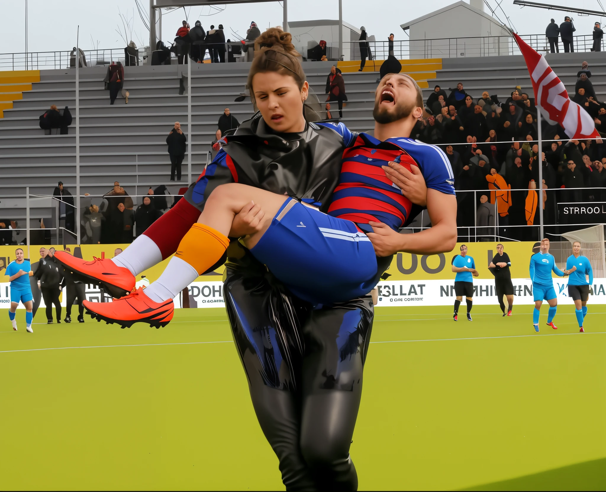 She carries the wounded man's body in her hands, Andrea grabs his legs and his body with her hands, the bearded man in Andrea's arms is visibly in pain, stadium atmosphere, the bearded man is lying consciousless in Andrea's arms with one arm hanging down, A scene at a soccer stadium, a bearded man lying in a caring women's arms, lying helpless in her arms with his head dangling down, he has one arm dangling down while being carried in the women's arms, There is an attractive and heavily made-up woman in a long black leather coat, A pretty woman in a shiny black leather coat on a soccer field, A wonderful woman is holding a passed out man, A man in matt and roughened sportswear is held diagonal in her arms, a man in a woman's arms and lets one arm dangling down, we see the man held in front of the woman's body, the man is cradled in the woman's arm while being carried, the beautiful woman is exceptionally heavily made up and has an extremely desperate and very angry expression on her face, high-resolution photo, realistic sports photo, soccer scene, woman in black shiny long leather coat, injury scene, real photo, ultra realistic, high definition, sports photography