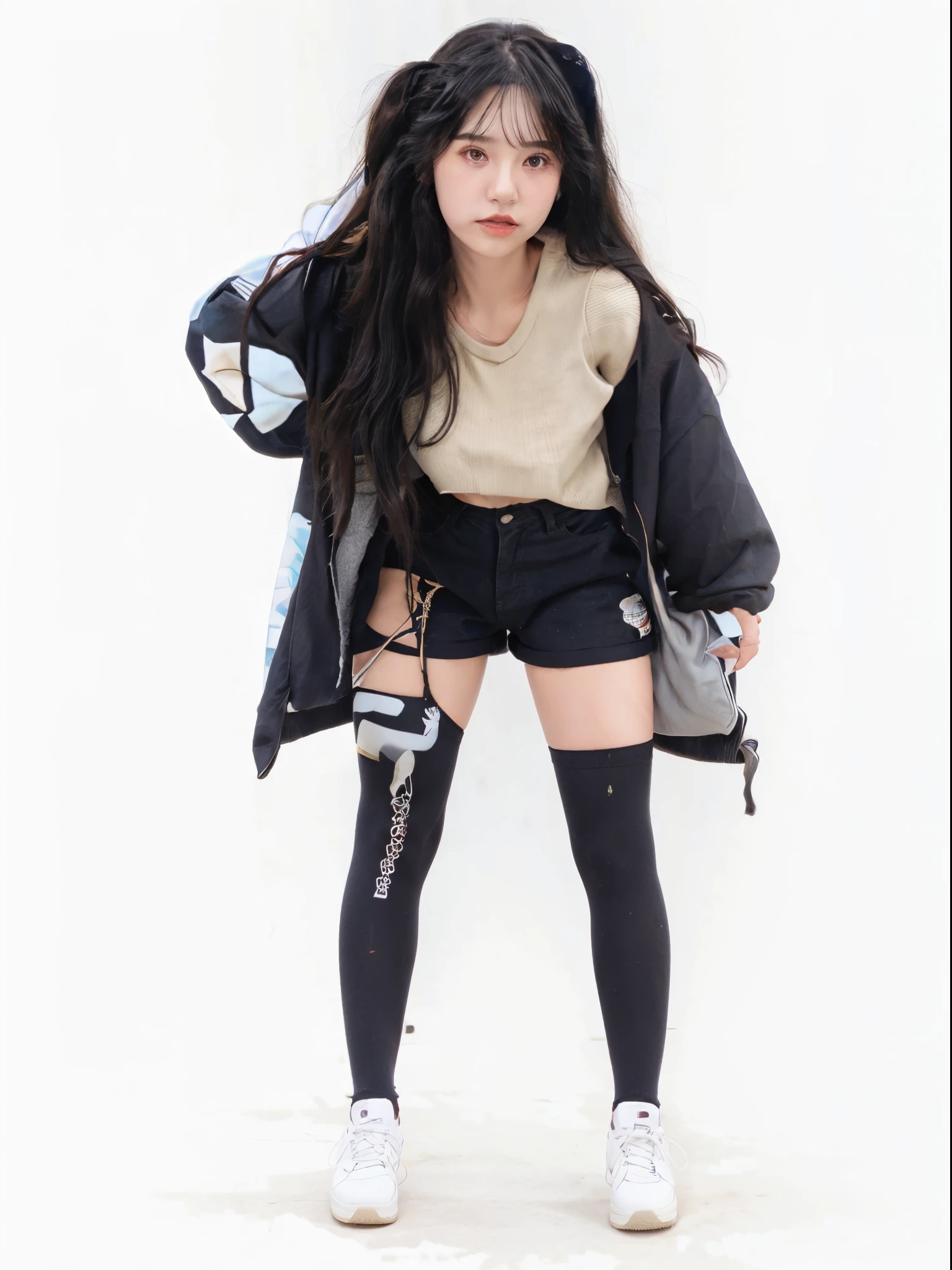 1 girl, its Cleonie, long black hair, black sweater, jeans shorts, black stockings, ping shoes, ultra detailed, realistic