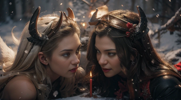 angel and demon fighting, winter fairytale atmosphere, yule, epic concept art illustration