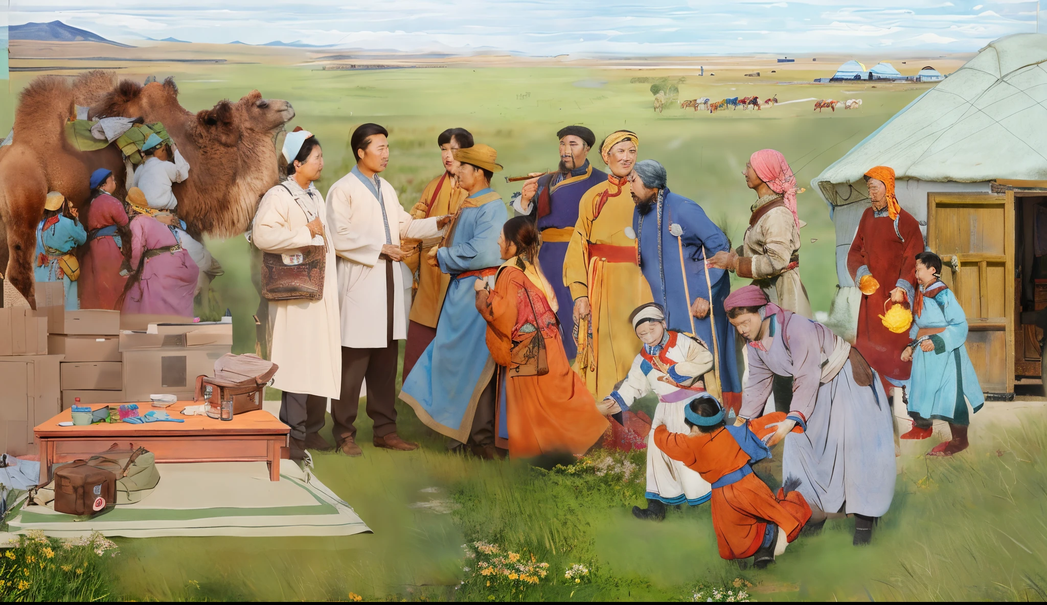 A group of Mongolians welcome the arrival of the doctor，Standing on the Grassland, In the grasslands,Two camels，More HD details，very happily，Pleasant conversation，mongol，ultra - detailed, The beautiful, The is very detailed, intricately details, editorial photo, shot with a 50mm lens, depth of fields, Tilt Blur, Shutter speed 1/1000, Lightmaps,Best quality for HD production，tmasterpiece，（oil painted：1.5），（Stanley Ategg Liu：0.106），（a detailed painting：0.353），（Renaissance classical oil painting style：0.8）