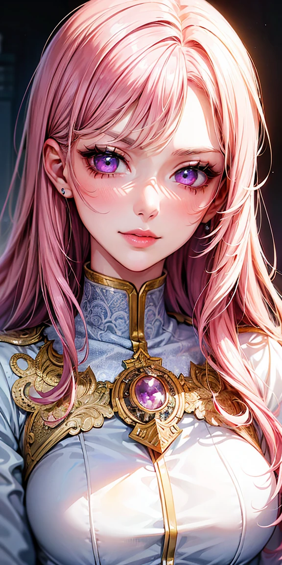 (shoujo-style:1.2), (masterpiece, best quality), intricate details, thin, ((slim)), beautiful girl, Light pink hair, white skin, light purple eyes, sharp jawline, cropped jacket, messy hair, lips, upper body, close up, smirk
