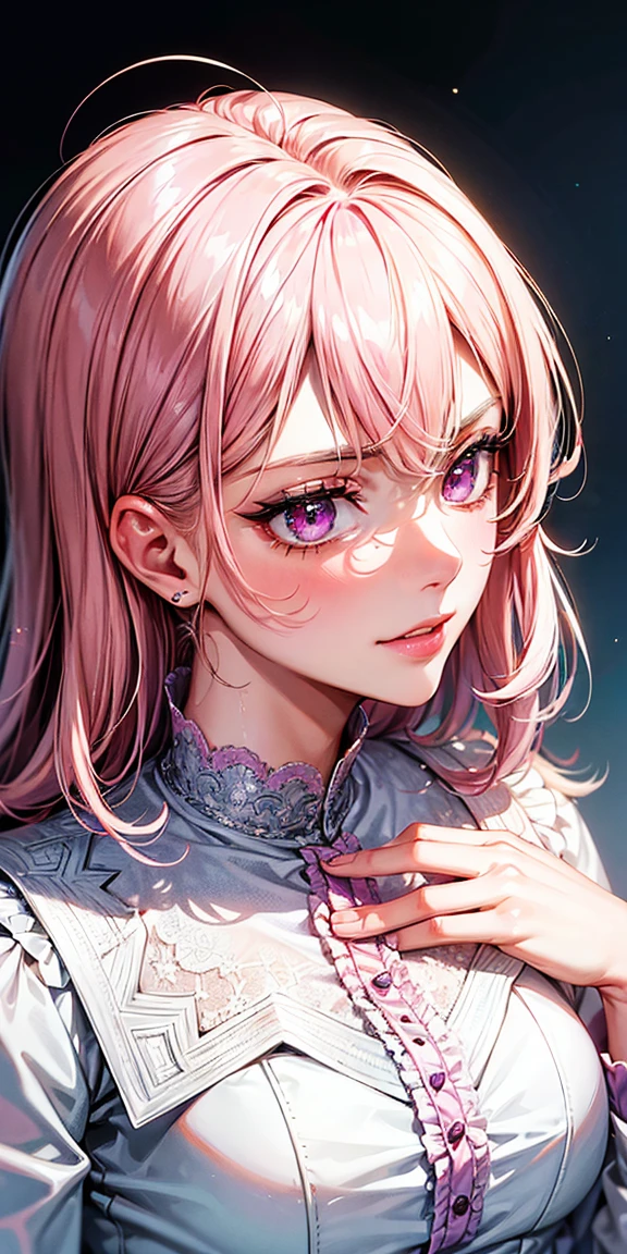 (shoujo-style:1.2), (masterpiece, best quality), intricate details, thin, ((slim)), beautiful girl, Light pink hair, white skin, light purple eyes, sharp jawline, cropped jacket, messy hair, lips, upper body, close up, smirk