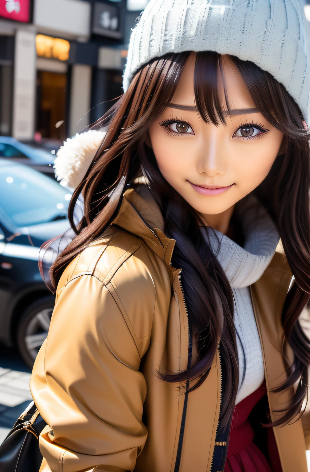 depth of fields, A detailed eye, a picture, ((Face Focus)), ((masterpiece)), ((8K)), ((ultra-detailliert)), ((An ultra-high picture quality)), ((Cinematic)), ((Photorealsitic)), ((up close shot)), (独奏), (Handsome Girl), Very long hair, Dark hair, (((Thin body))), (Wave hair), Glossy skin, ((Looking away)), (Beautiful girl with high cheeks and legs), (Blouson jacket), knit hat, skinny pants, heel, Tartan Scarf, Turn around, Edgy makeup, lipsticks, without makeup, A smile, Embarrassing, Tying hair, (walk in a beautiful city), shopping, Prada, TOKYOcty, japanes