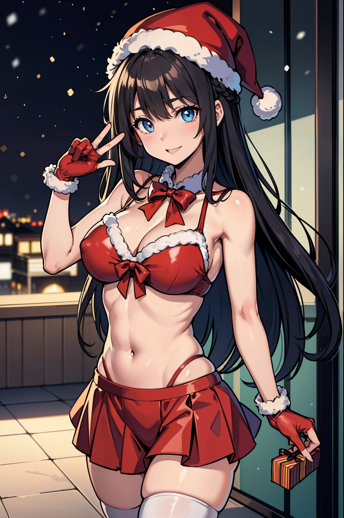 8k wallpaper、Raw photography、masutepiece、top-quality、Cowboy Shot、Looking at Viewer、Full limbs、complete fingers、Slender beauty、(white french braid)、BREAK(aqua blue eyes) ,Beautiful Large Breasts、(Detailed ultra-oily shiny skin:1.1)、oily shiny thighhigh、BREAK、(santa costume), (Santa Swimsuit: 1.3),red swim wear, (zettai ryouiki: 1.3),Navel,BREAK(Santa ruffle skirt with fur),Cuffs,santa hat,a bow tie,(fur santa gloves)、BREAK(White legwear),thighs thighs thighs thighs、neons:1.3、happy smail、White breath、BREAK(The background is a winter cityscape、It's snowing、white Christmas、Christmas tree)、((Gift Offerings))