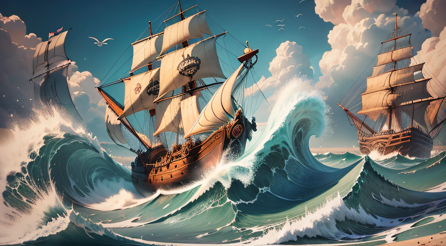 3d, posters of vintage waves and pirate ships, war vibes, vintage color combination, cartoon style --auto --s2