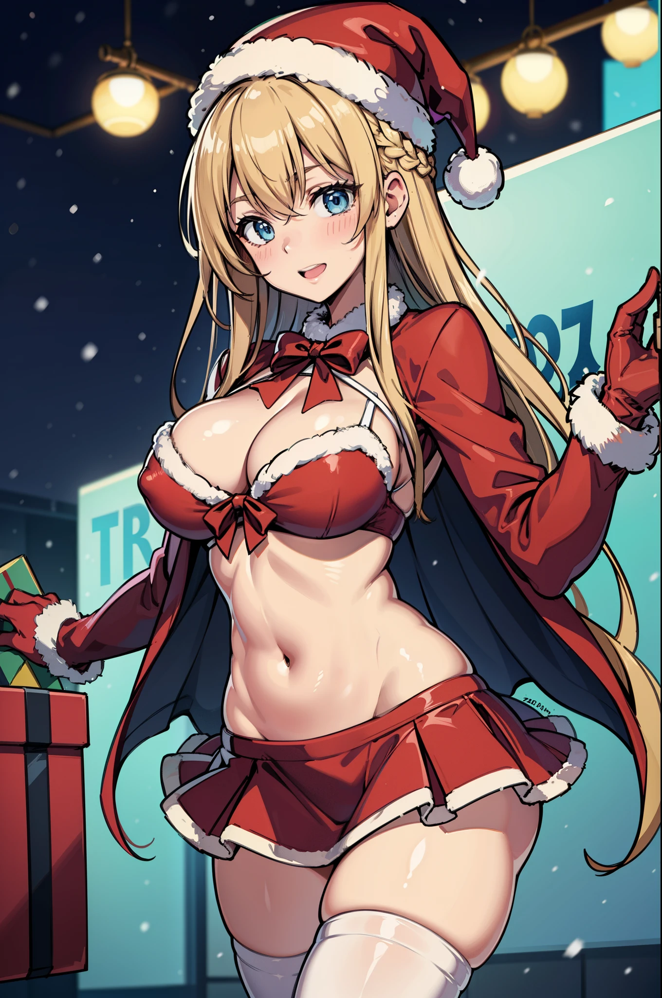 8k wallpaper、Raw photography、masutepiece、top-quality、Cowboy Shot、Looking at Viewer、Full limbs、complete fingers、Slender beauty、(white french braid)、BREAK(aqua blue eyes) ,Beautiful Large Breasts、(Detailed ultra-oily shiny skin:1.1)、oily shiny thighhigh、BREAK、(santa costume), (Santa Swimsuit: 1.3),red swim wear, (zettai ryouiki: 1.3),Navel,BREAK(Santa ruffle skirt with fur),Cuffs,santa hat,a bow tie,(fur santa gloves)、BREAK(White legwear),thighs thighs thighs thighs、neons:1.3、happy smail、White breath、BREAK(The background is a winter cityscape、It's snowing、white Christmas、Christmas tree)、((Gift Offerings))