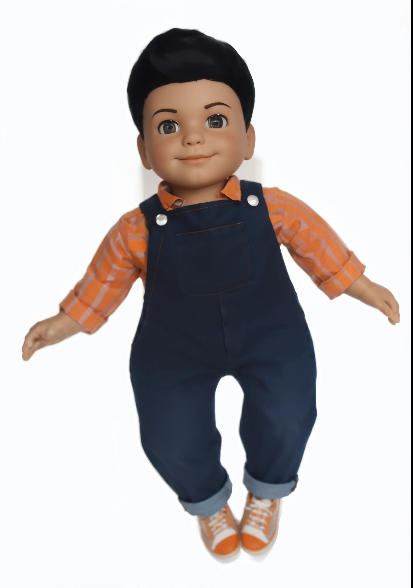 Big Boy Doll, da hambirgeria no estilo mocinhos, with medium black straight hair, The iconic doll, crie um boneco ventriluquo inspirado no boneco Big Boy com um sorriso sutil no rosto, um fundo claro com uma camisa de manga branca e laranja, with denim overalls. Com sapatos laranja, criando uma atmosfera de terror, a 3D model with high-resolution textures and realistic lighting, --AR 16:9 --v 5 -