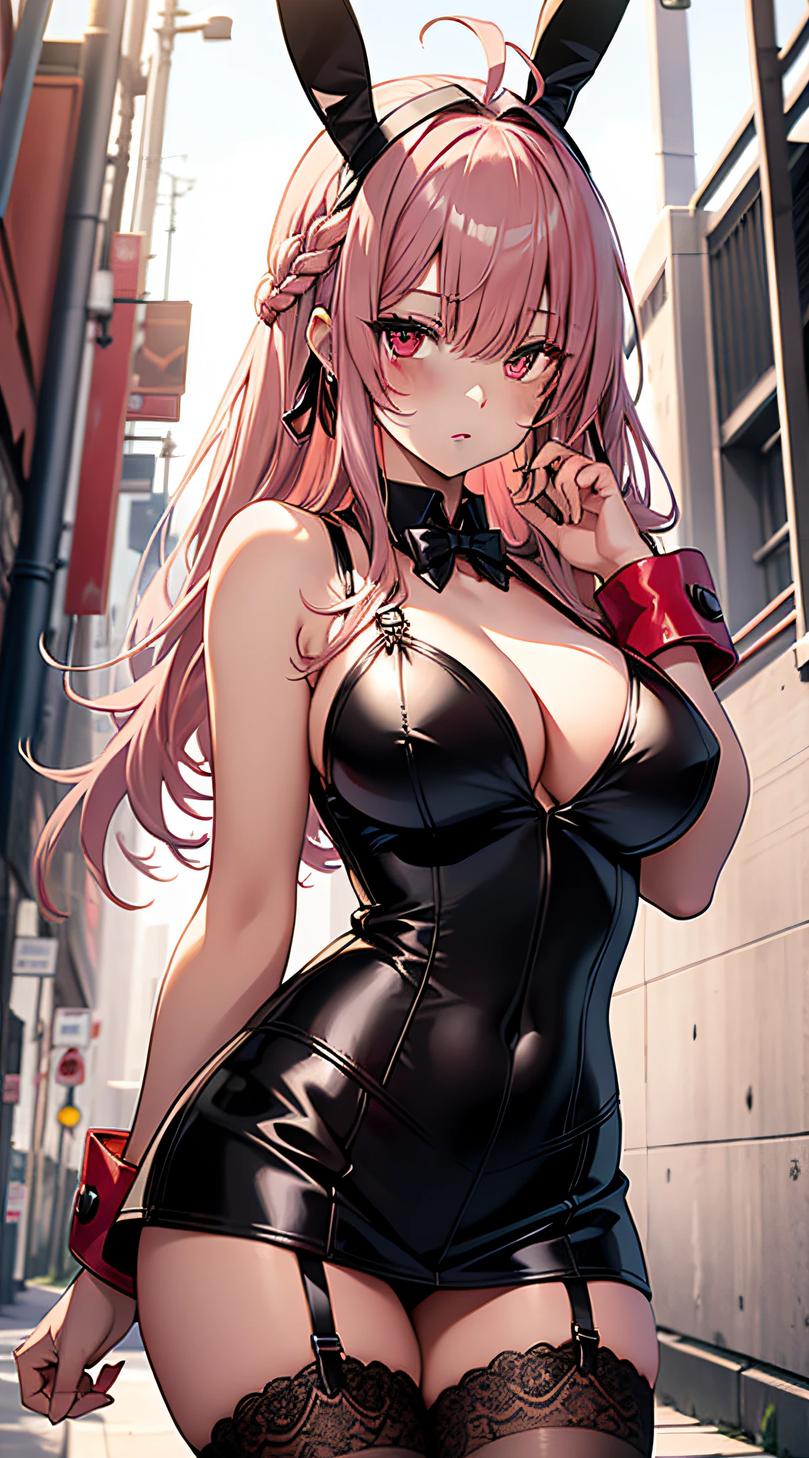 masterpiece,black leather playboy bunny,black garter straps,leg_garter,lace legwear,1girl,bishoujo,stare,red eyes,beautiful detailed eyes,pinkhair,Wing-like bangs,ahoge,Hair rings,braid, cold