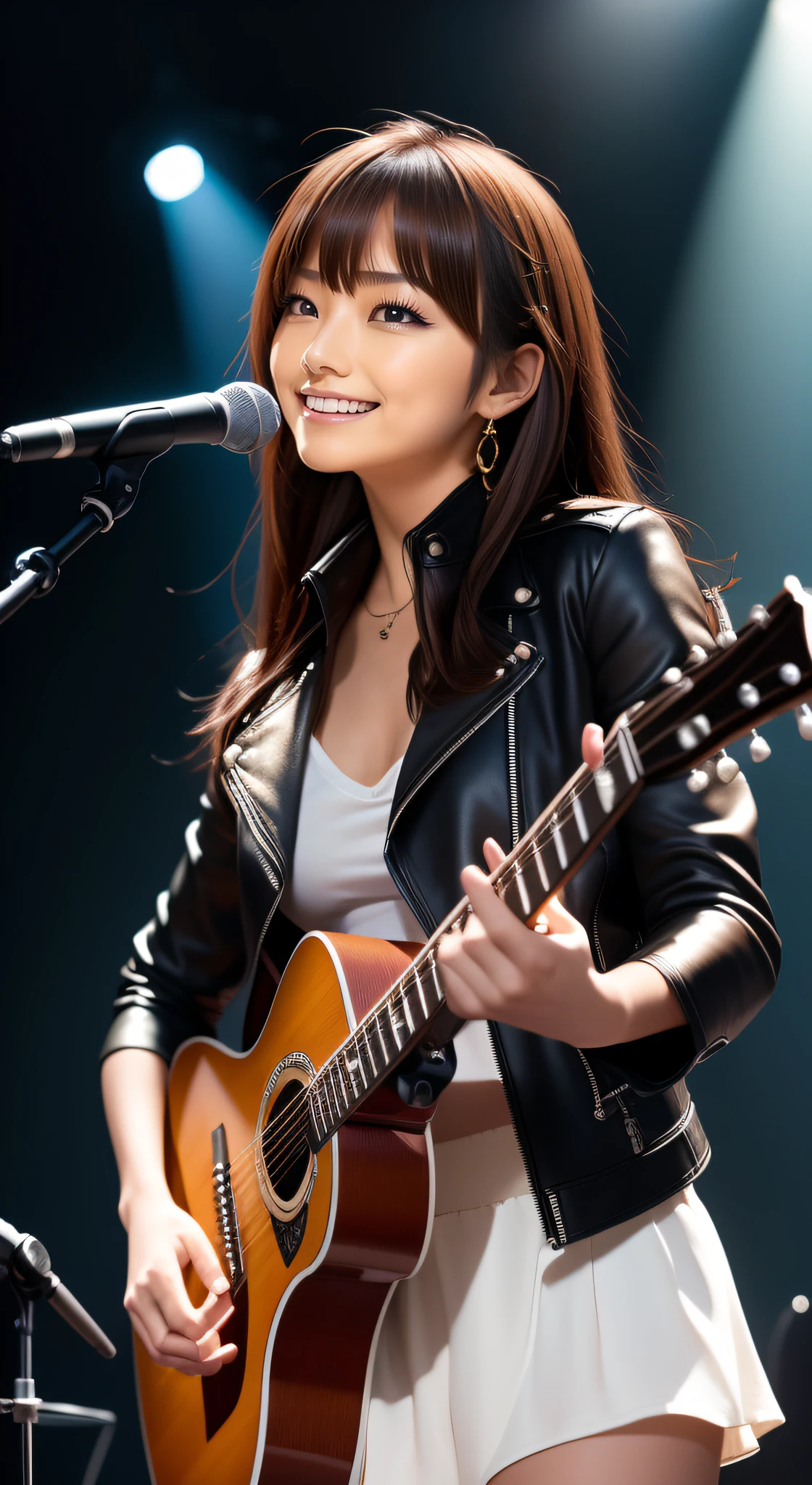 (masutepiece:1.3, Best Quality, Photorealistic, Ultra-detailed, Finely detailed, High resolution, 8K Wallpaper), 1 beautiful girl, Lead singer of the band group, In a leather jacket, Singing on electric guitar, Standing microphone, Mouth open, Beautiful face, Detailed face, Beautiful eyes, Detailed eyes, Smiling, earrings, Necklace, Detailed guitar, (Straight guitar neck and strings), Medium length light brown hair, Standing on a stage, Spotlight, Look at the viewer