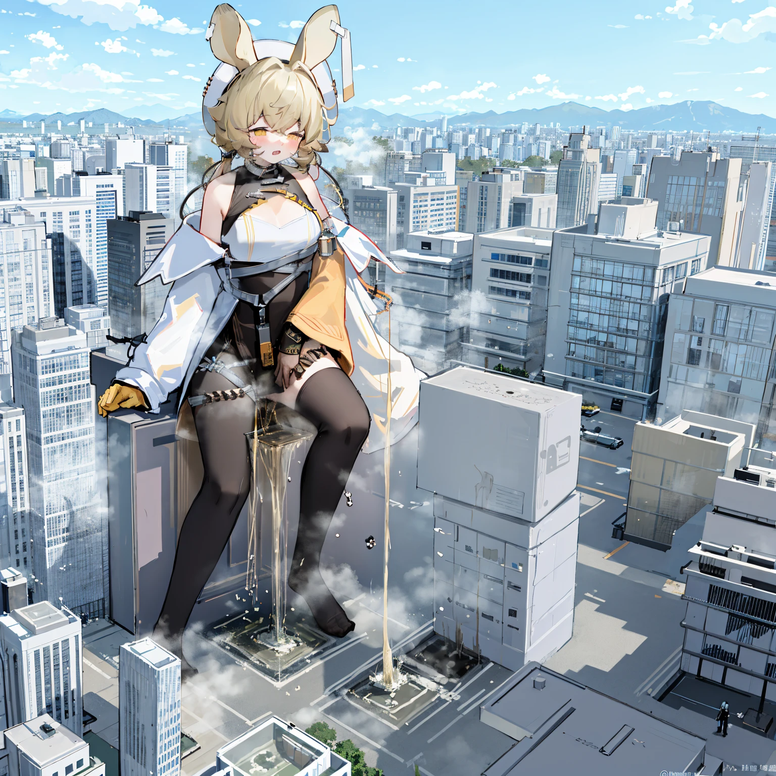 NSFW，​​{A giantess}，{1个Giant Breast Girl}，{are standing}，{urine discharge}​​，cloud， looking over city， mountain ranges， tmasterpiece, Best quality, The content is very detailed,tmasterpiece,Best quality,offcial art,extremely detaild的 CG unified 8k wallpapers，{{{A giantess}}}，Huge girl，1 girl，modern miniature city，pissing，Pee everywhere，No shoes，{blackstockings}，face flushed，comfortable expressions，pissing，urine，produce urine，Urine eruption，Urine gives off steam，{Pee while standing on a modern miniature city}，The city is full of urine