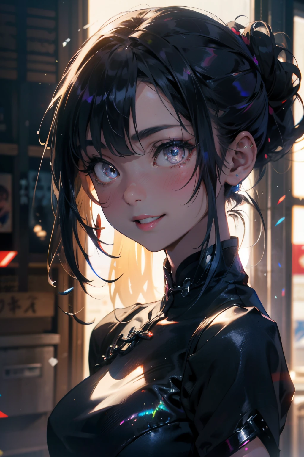 a 20 yo woman、Black blue Hair、poneyTail、Bun hair、Big smile、Iridescent eyes、(hi-top fade:1.3)、dark themed、Muted Tones、Subdued Color、highly contrast、qipao dress、(natural skin textures、Hyper-Realism、Soft light、sharp)