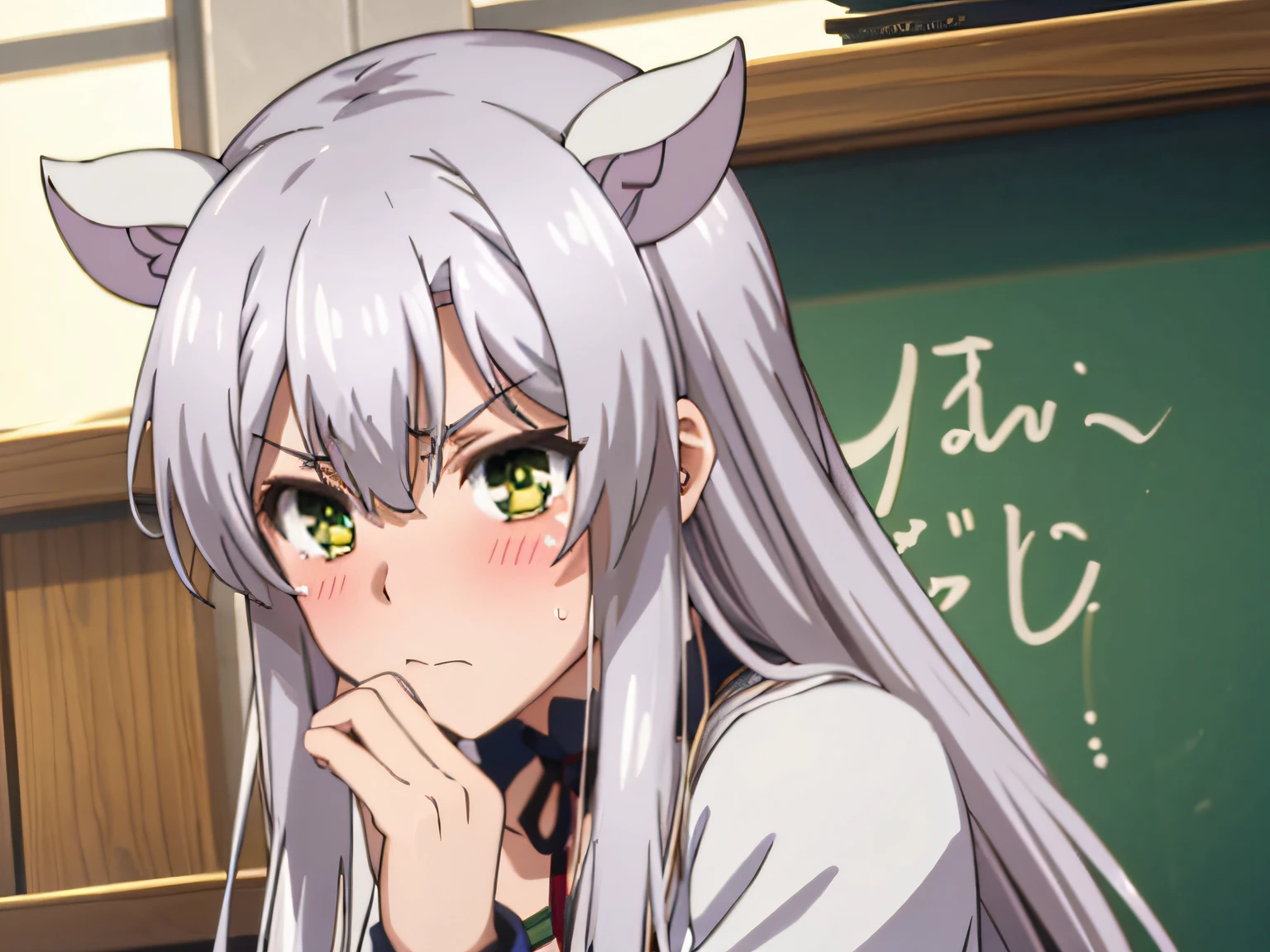 (super high resolution), 1girl, silver hair, green eyes, cat ears, solo, intensive blushes, watery eyes, jealous expression, mouth open, classroom