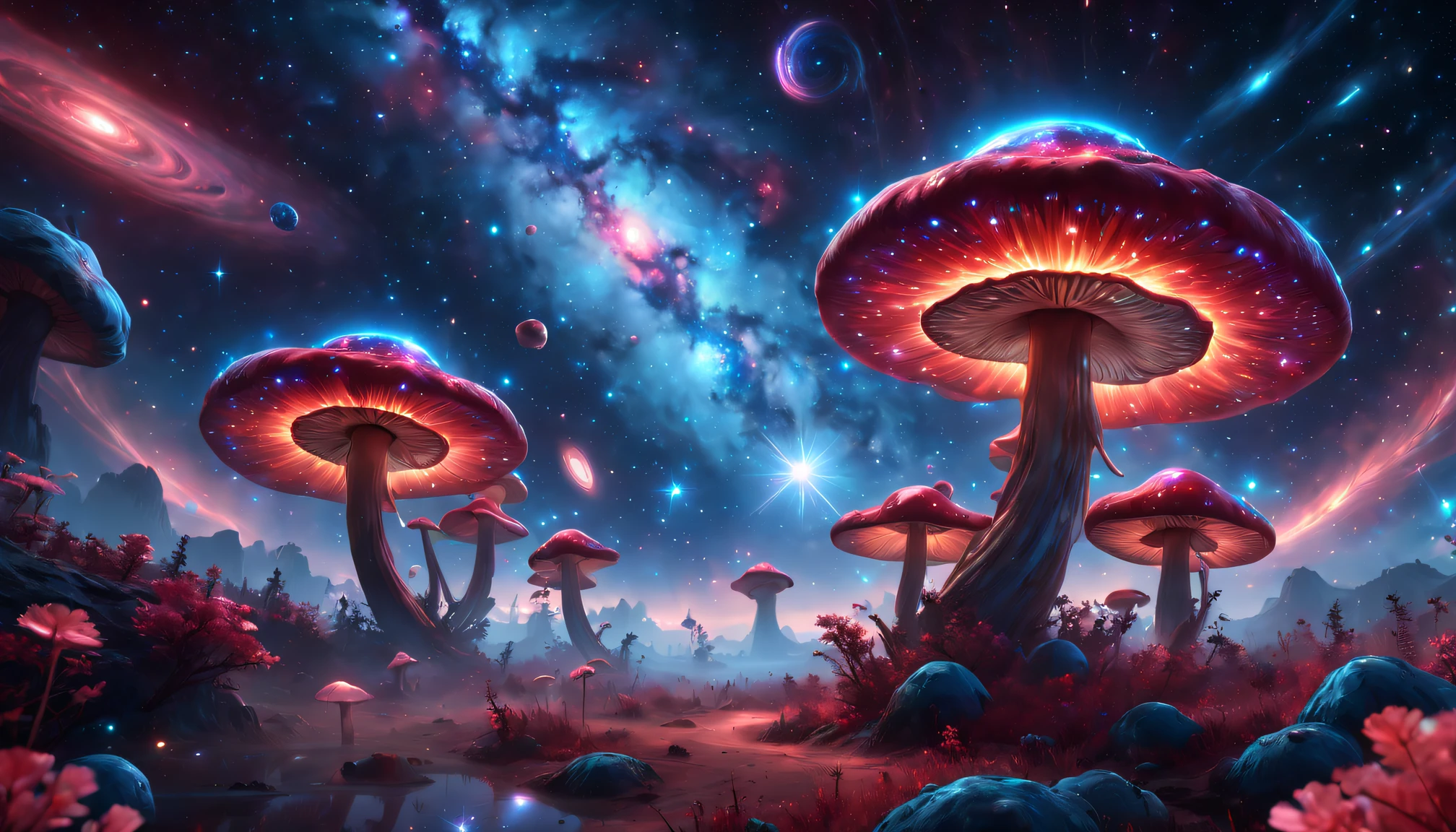 Glowing transparent mushrooms floating in space，The huge glowing transparent mushroom in the middle，Planets as background，with a river running through it, Marble style, Dark navy and light brown glow, Heather Serrell, Glow airbrush art style, Dark Beige and Indigo Glow, ZBrush, swirles, historical imagery, dreamlike realism, tumblewave,Earth with a river in the background, otherworldly painting style, swirles, reality transformation art, dark navy and light brown, air brush art, reality transformation art, Alejandro Jodorowsky, swirles, deep gold and indigo, multilayered realism, mind-bending murals