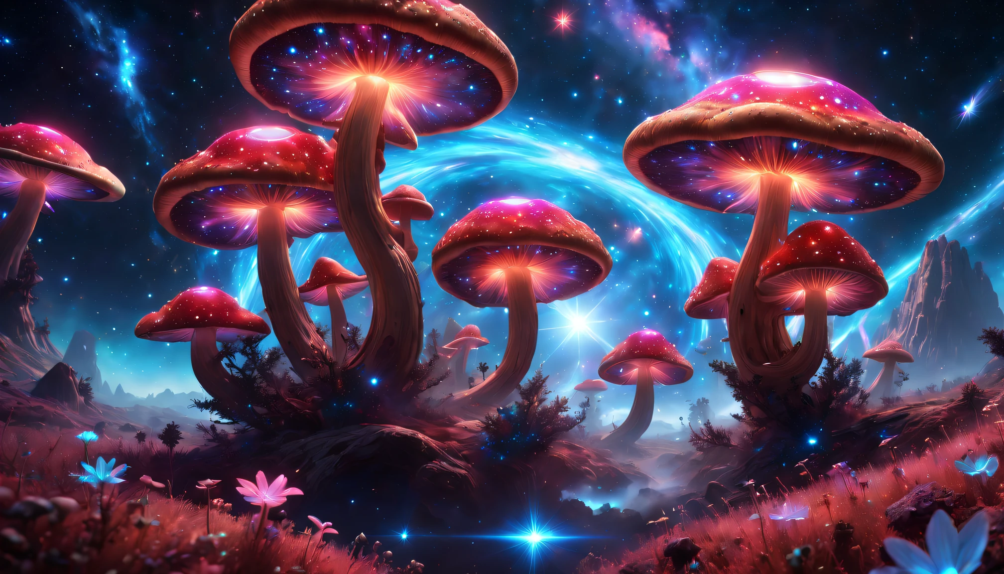 Glowing transparent mushrooms floating in space，The huge glowing transparent mushroom in the middle，Planets as background，with a river running through it, Marble style, Dark navy and light brown glow, Heather Serrell, Glow airbrush art style, Dark Beige and Indigo Glow, ZBrush, swirles, historical imagery, dreamlike realism, tumblewave,Earth with a river in the background, otherworldly painting style, swirles, reality transformation art, dark navy and light brown, air brush art, reality transformation art, Alejandro Jodorowsky, swirles, deep gold and indigo, multilayered realism, mind-bending murals