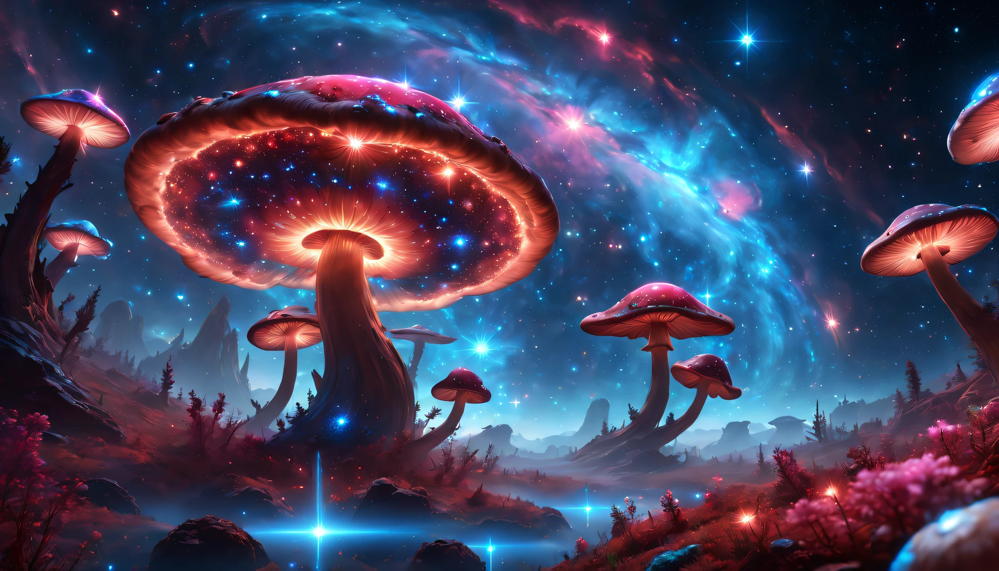 Glowing transparent mushrooms floating in space，The huge glowing transparent mushroom in the middle，Planets as background，with a river running through it, Marble style, Dark navy and light brown glow, Heather Serrell, Glow airbrush art style, Dark Beige and Indigo Glow, ZBrush, swirles, historical imagery, dreamlike realism, tumblewave,Earth with a river in the background, otherworldly painting style, swirles, reality transformation art, dark navy and light brown, air brush art, reality transformation art, Alejandro Jodorowsky, swirles, deep gold and indigo, multilayered realism, mind-bending murals