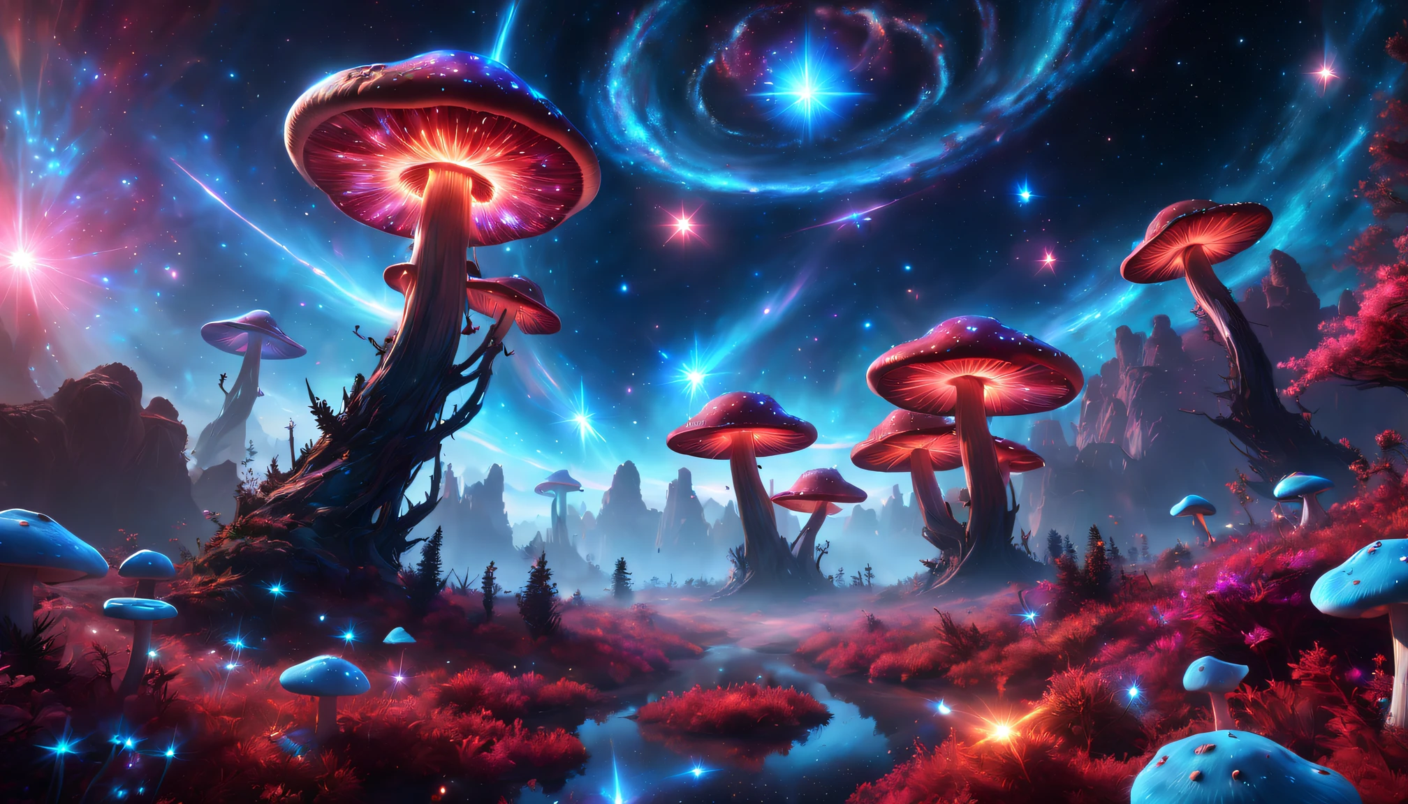 Glowing transparent mushrooms floating in space，The huge glowing transparent mushroom in the middle，Planets as background，with a river running through it, Marble style, Dark navy and light brown glow, Heather Serrell, Glow airbrush art style, Dark Beige and Indigo Glow, ZBrush, swirles, historical imagery, dreamlike realism, tumblewave,Earth with a river in the background, otherworldly painting style, swirles, reality transformation art, dark navy and light brown, air brush art, reality transformation art, Alejandro Jodorowsky, swirles, deep gold and indigo, multilayered realism, mind-bending murals