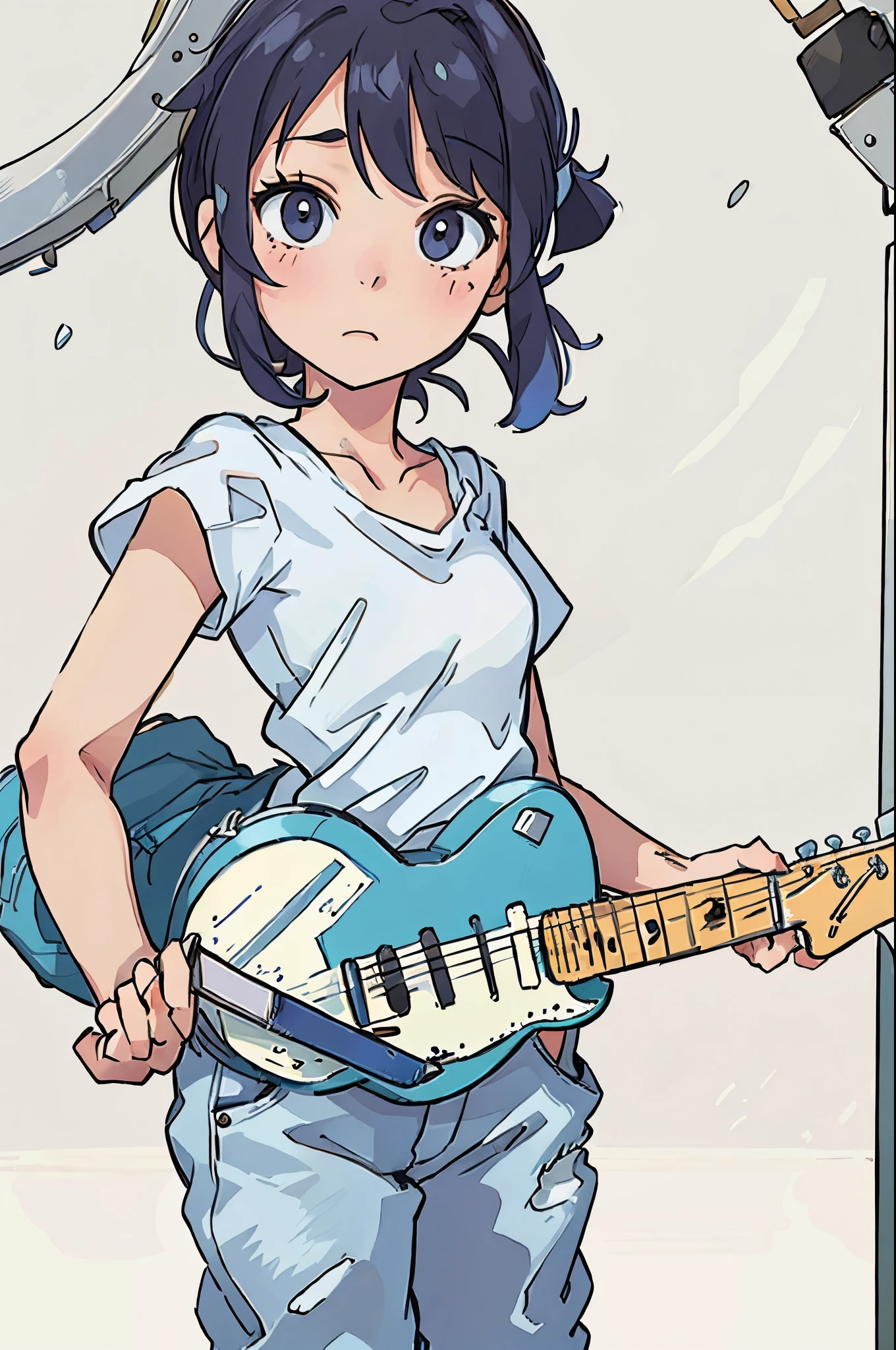 Denim and white t-shirt、My sister、cute little、Playing guitar