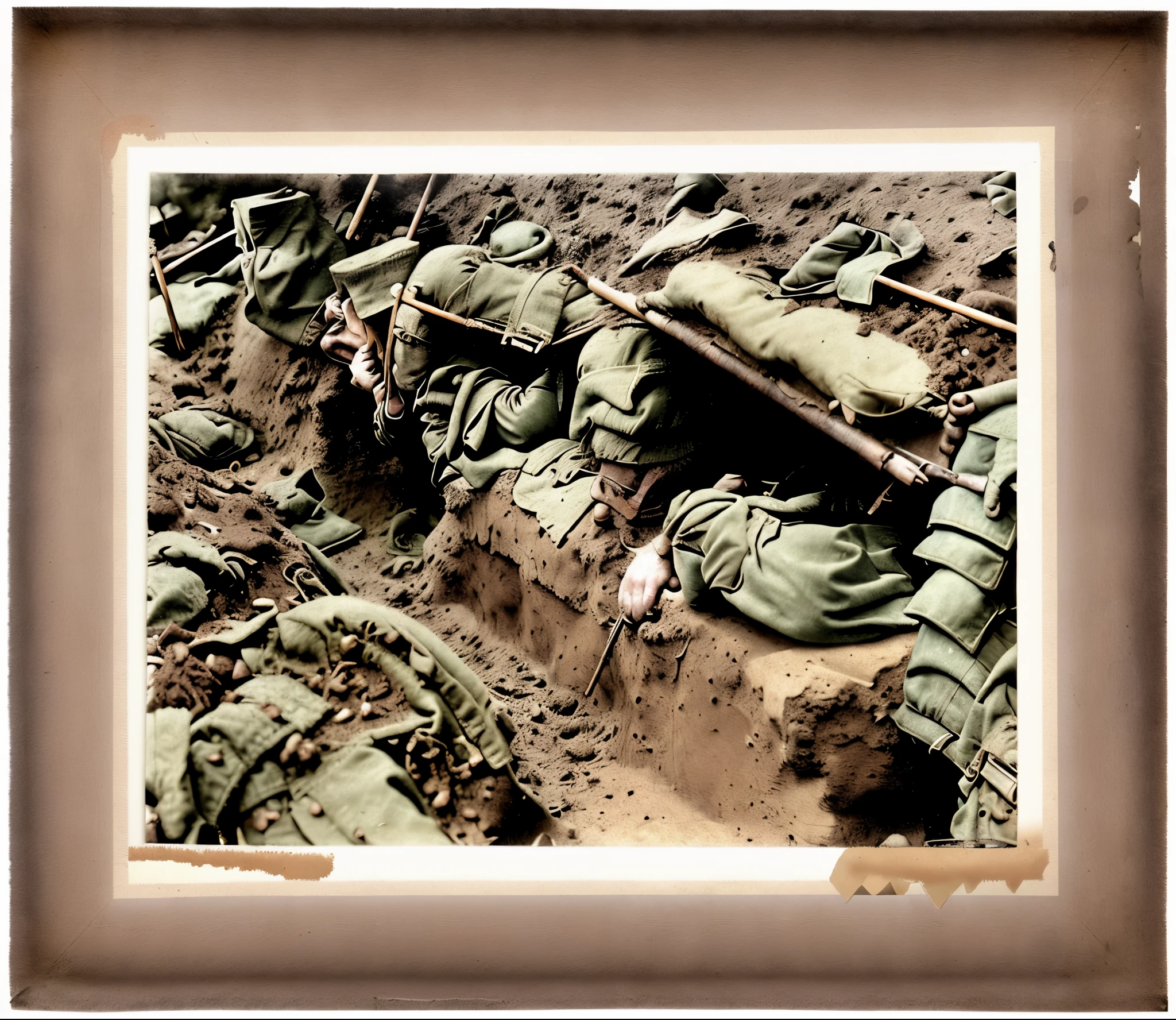 there is a picture of a picture of a man in a trench, ww1 trench, in trenches, trenches bombs, trenches, ww1 film photo, ww1 photo, award winning autochrome photo, taken on a ww 1 camera, dead soldiers, autochrome, trench sandbags in background, photo of war, colorized photograph, very detailed photograph, ww1