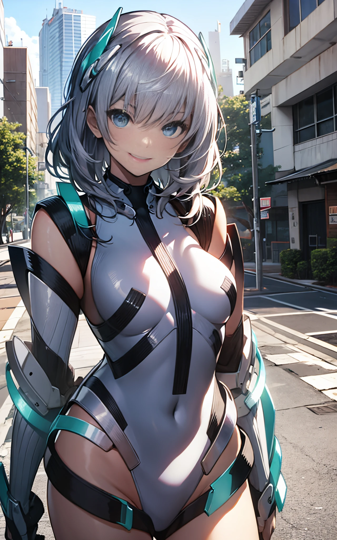 lightsmile, deva battle suit, Outdoors, Silver hair, bobhair, Blue eyes, waist shot