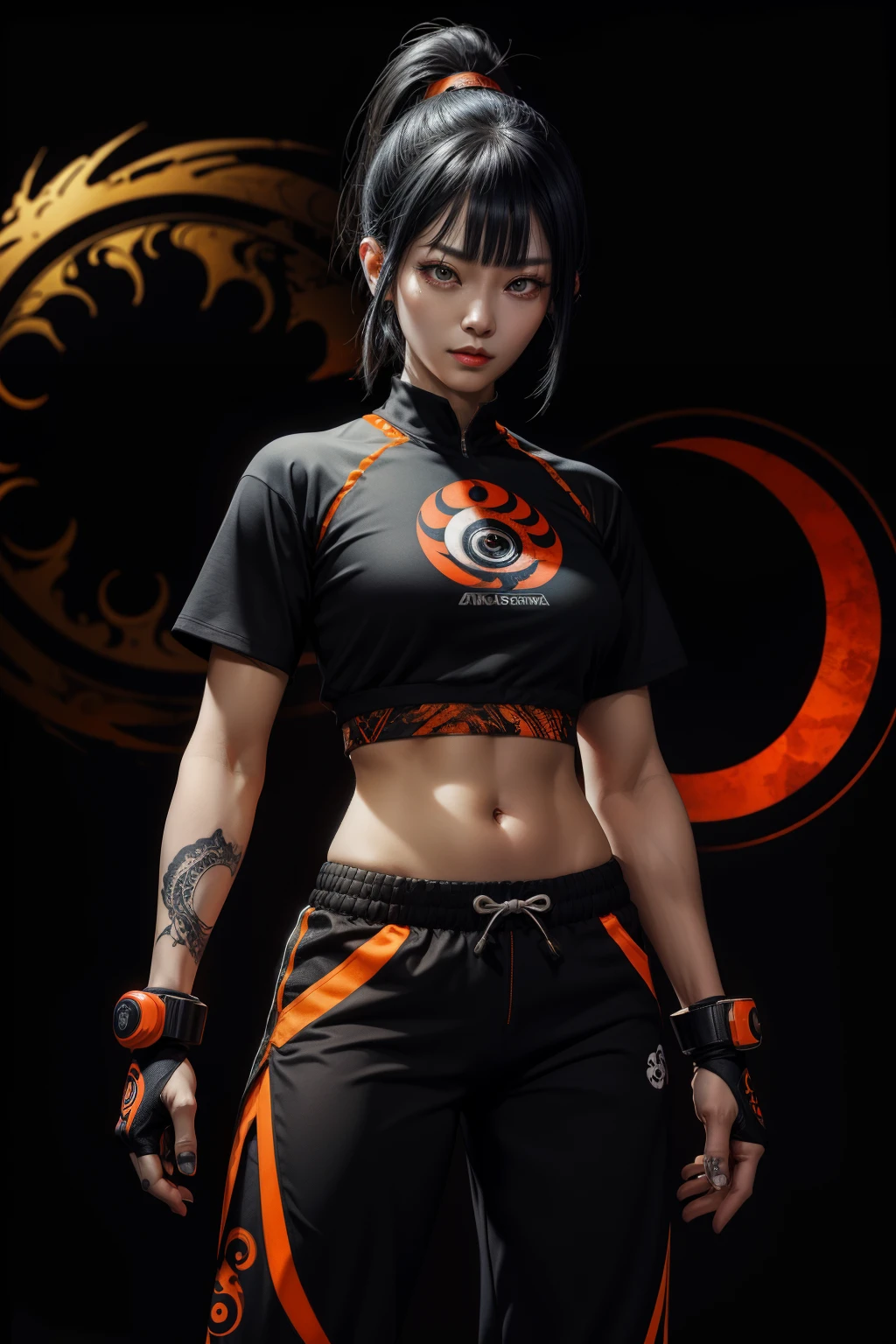 A realistic Korean woman, aged 25, based on Juri from Street Fighter 6, with a tattoo on her abdomen in the shape of a yin-yang, eye irises of the same color, very detailed slanted eyes, with dark black hair, very short hair and with bangs, hair with two ponytails, wearing a blouse, white blouse, black and orange gym pants, fractal background, in the background there is a yin-yang design, dark background, studio lighting, Fractal Art