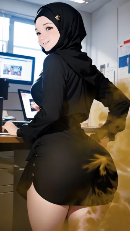 Nude  teenage malay woman with hijab,arousal expression,grinning,office background,showing butt,hands on butt,exposed butthole,a man fingering her butthole from behind,bending over