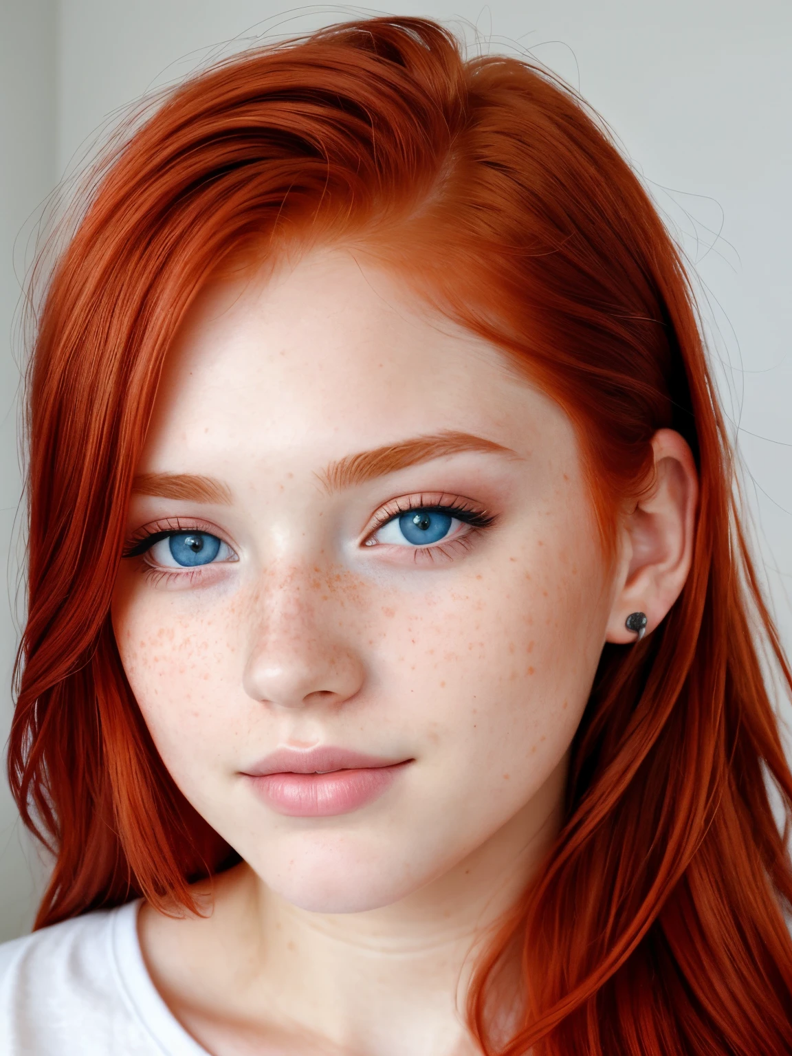 raw photo, (18yo redhead girl:1.2), makeup, rouge, freckles, realistic skin texture, swim blue eyes, softcore, warm lighting, cosy atmosphere, Instagram style