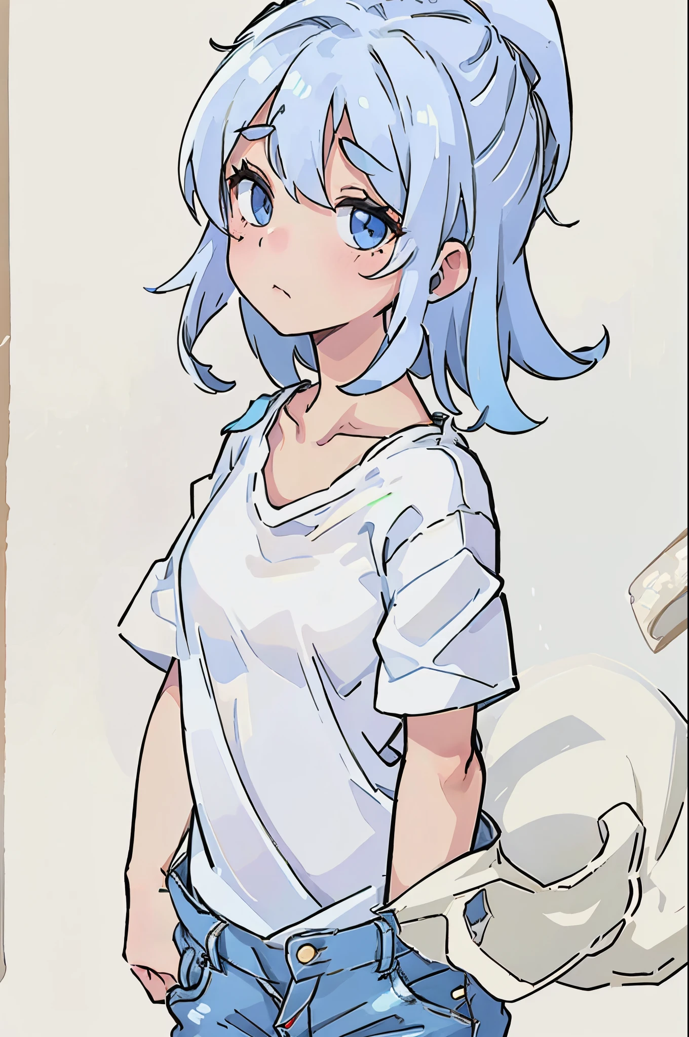 denim and white t-shirt、big sister、cute little