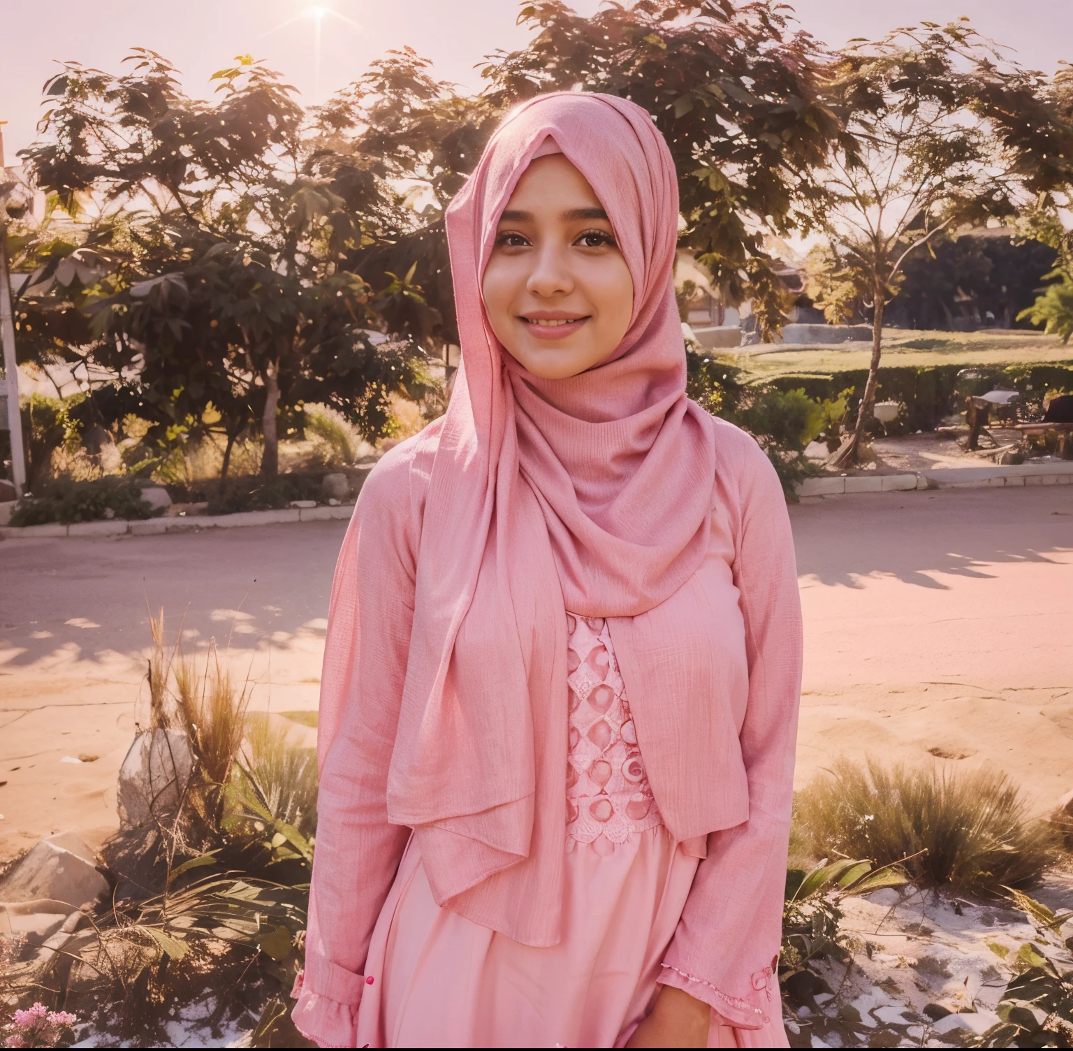 A cute girl wearing pink dress and pink hijab,shining and smiling face,realistic face,8k