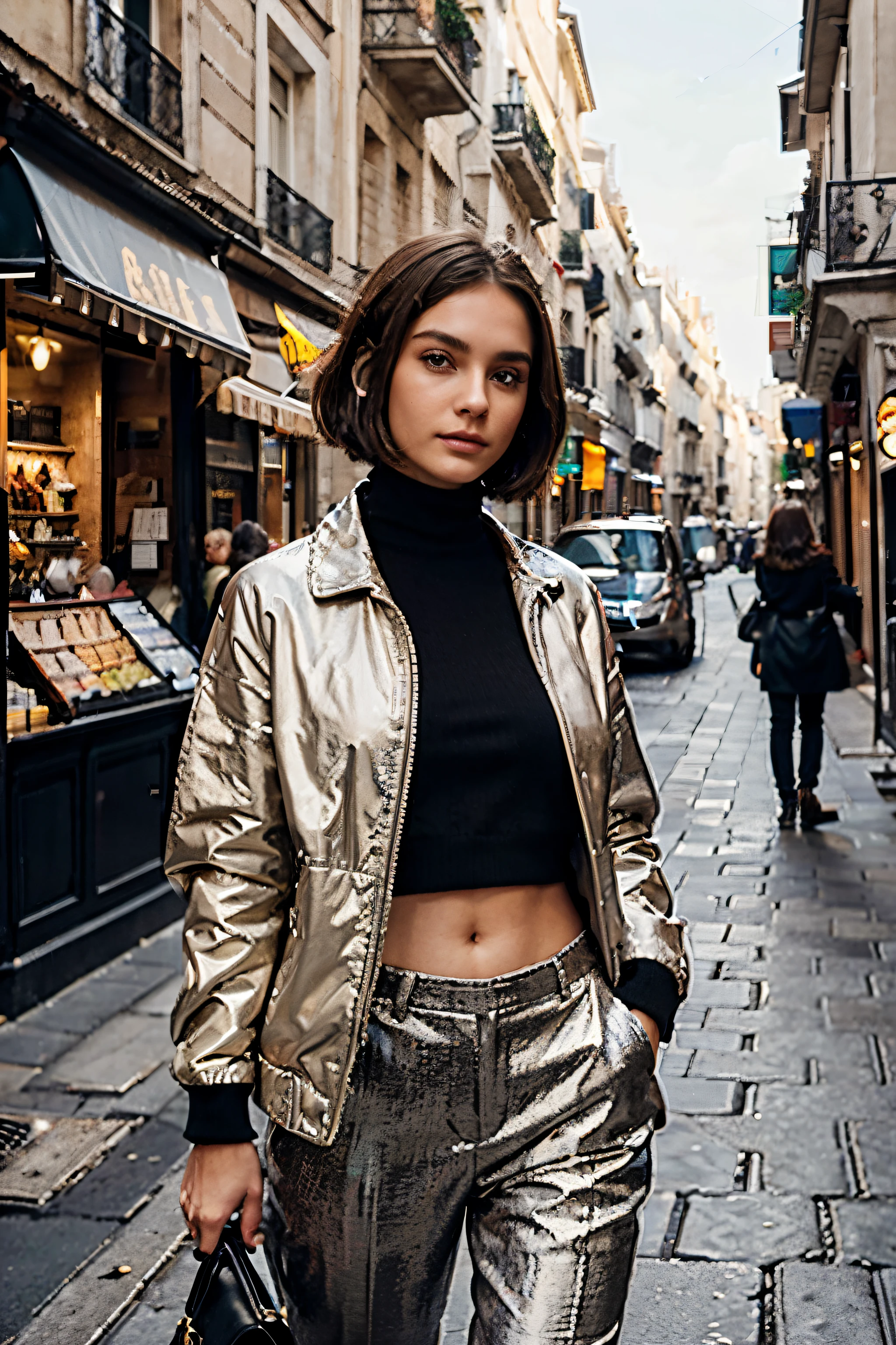 25-years old, Mujer, La mejor calidad, Disco duro, Detallado, Cara perfecta, Corte de pelo Bob, por encima del hombro. brown hair. Face of Spanish origin from Spain, carita redondeada, cara modelo. small-nose, nariz realista, labios carnosos algo oscuros. DINERO VIEJO, Ropa cara, chaqueta larga, Sin logotipos, pantalones de traje, Cold weather, Paris, calle grande, Edificios, No hay coches, muy realista. todo el cuerpo, influenciador de moda